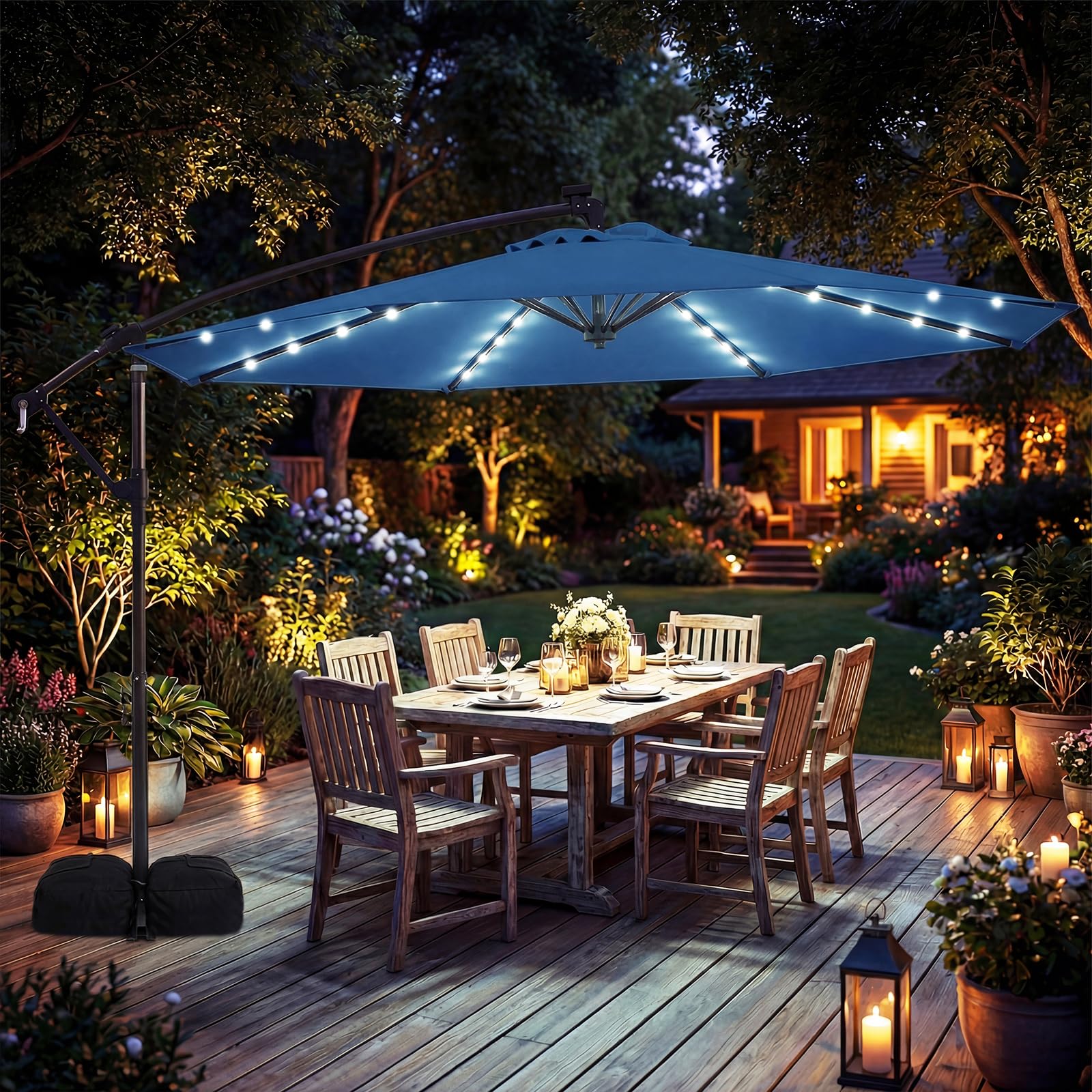 COSTWAY Sombrilla Terraza Exterior con Base, Parasol Excentrico con 32 Luces LED, Rotación de 360°, Manivela, Sacos de Arena, Sombrilla Jardín Grande para Patio Terraza (300 x 300 cm（con Luz）,Azul)