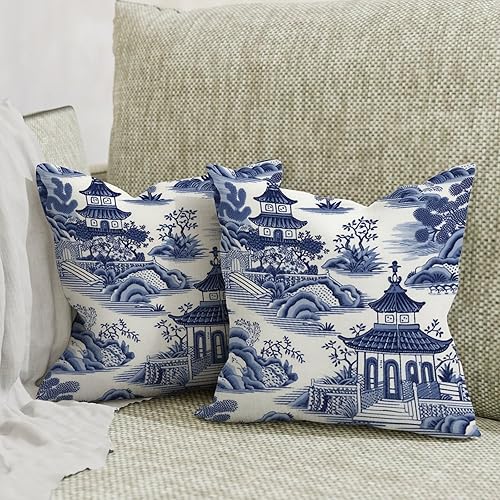 Miniatura 5 de Nanjing - Juego de 2 fundas de almohada asiáticas de pagoda china azul y blanca de 20 x 20 pulgadas, fundas de almohada decorativas rústicas con