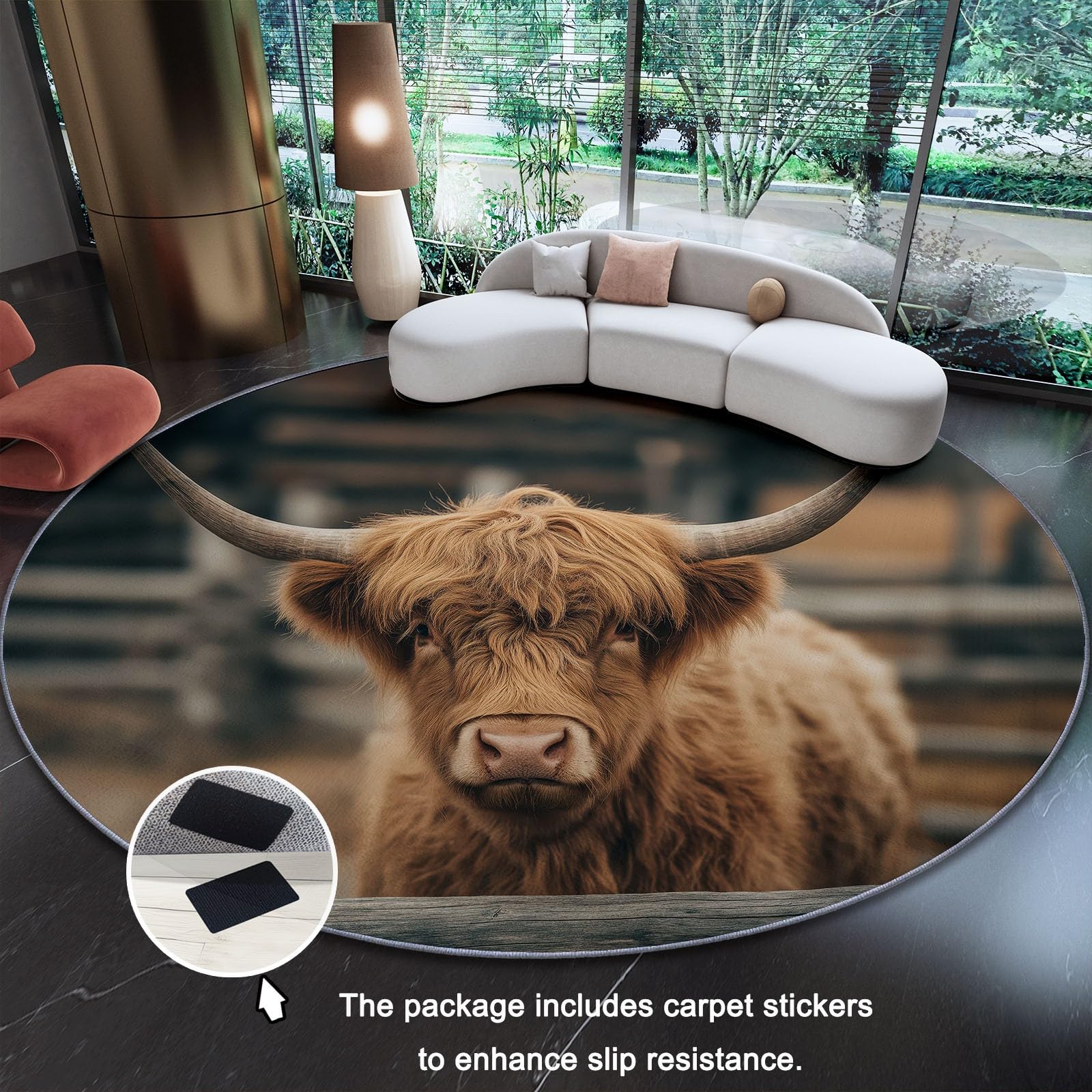 Genérico Alfombra Redonda para Comedor Toro De Las Tierras Altas Natural Motivo Alfombra Antideslizante Suave y esponjosa para Sala de Estar, Dormitorio, habitación Infantil, 180 cm, Marrón Claro