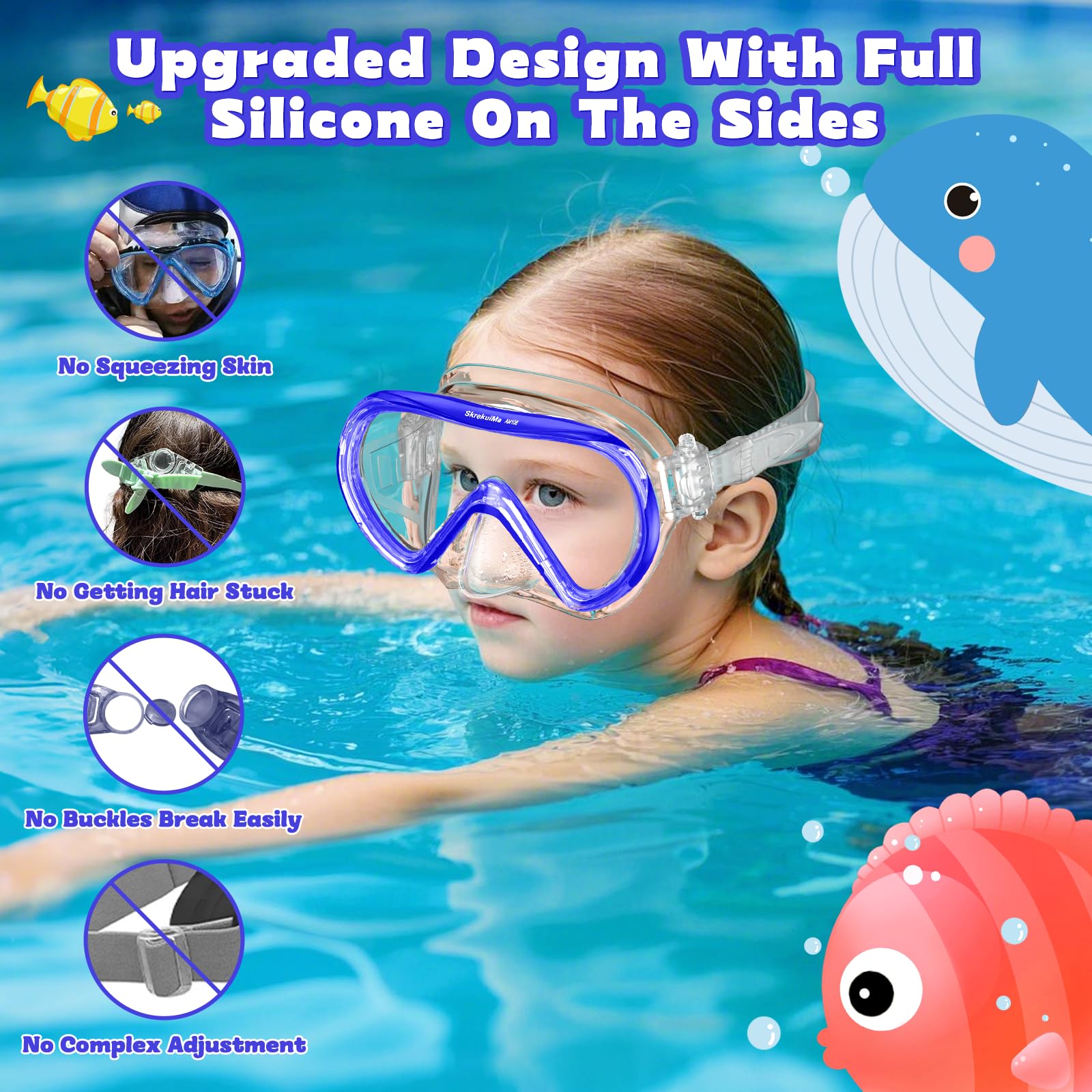 SkrekuiMa Maschera Subacquea Bambini per 4-14 Anni, Set Snorkeling Bambino con Maschera Subacquea e Boccaglio per Snorkeling e Immersioni, Maschera da Sub Antiappannamento e Anti-Perdite