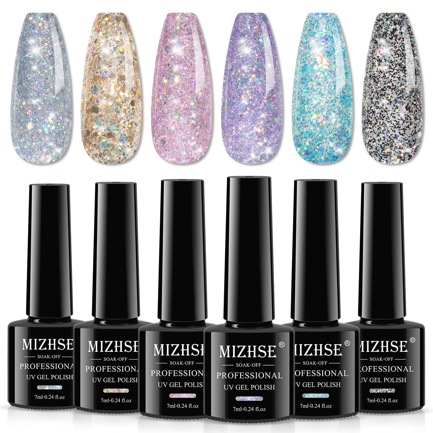 MIZHSE Glitter Gel Nail Polish, 6 Colors Silver Pink Blue Sparkly Shiny Glitter Gel Polish Platinum Soak Off UV LED Nail Polish For Nail Salon Home DIY
