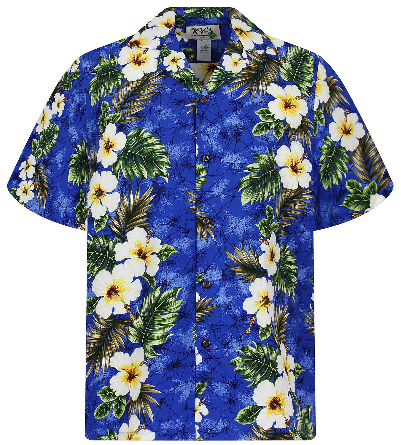 KY‘s | Original Camicia Hawaiana | Signori | S - 4XL | Maniche Corte | Tasca Frontale | Hawaii Stampa | Fiori | Blu