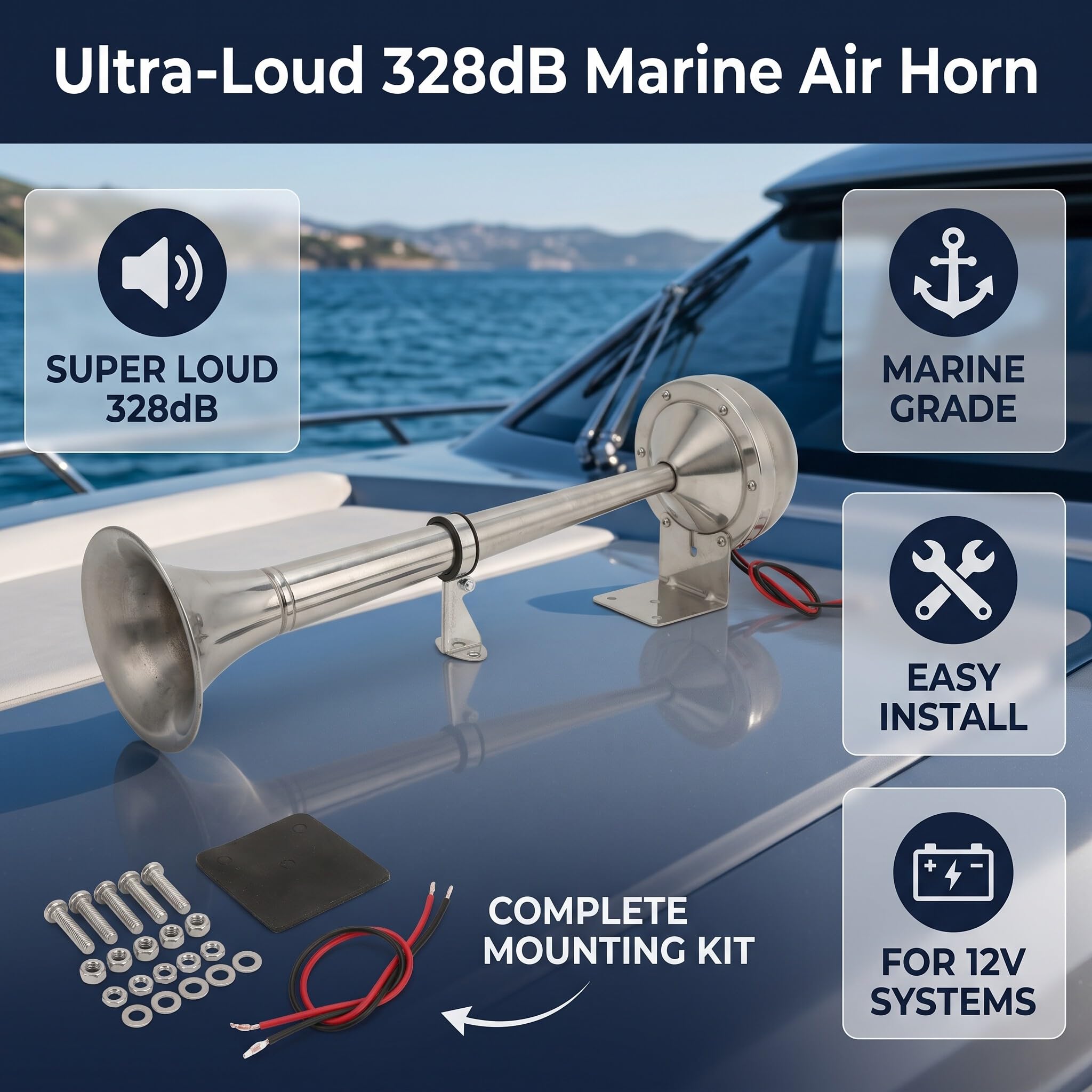 Luftfanfare 328DB 12V 30W Edelstahl Luftsummer für Boot Wohnmobil Yacht Universal Luftsignal lautstarker Airhorn