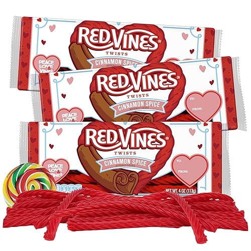 Paquete de vides rojas de canela de edición limitada con calcomanía de remolino, dulce y picante de regaliz para el día de San Valentín, 4 onzas,