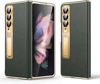 for Samsung Galaxy Z Fold 3 Case, Electroplated Frame, Luxury Leather Back, Full Magnetic Hinge Protective, Screen Protector, Metal Stand, Thin & Slim Stand Phone Cover 5G 2021, Green