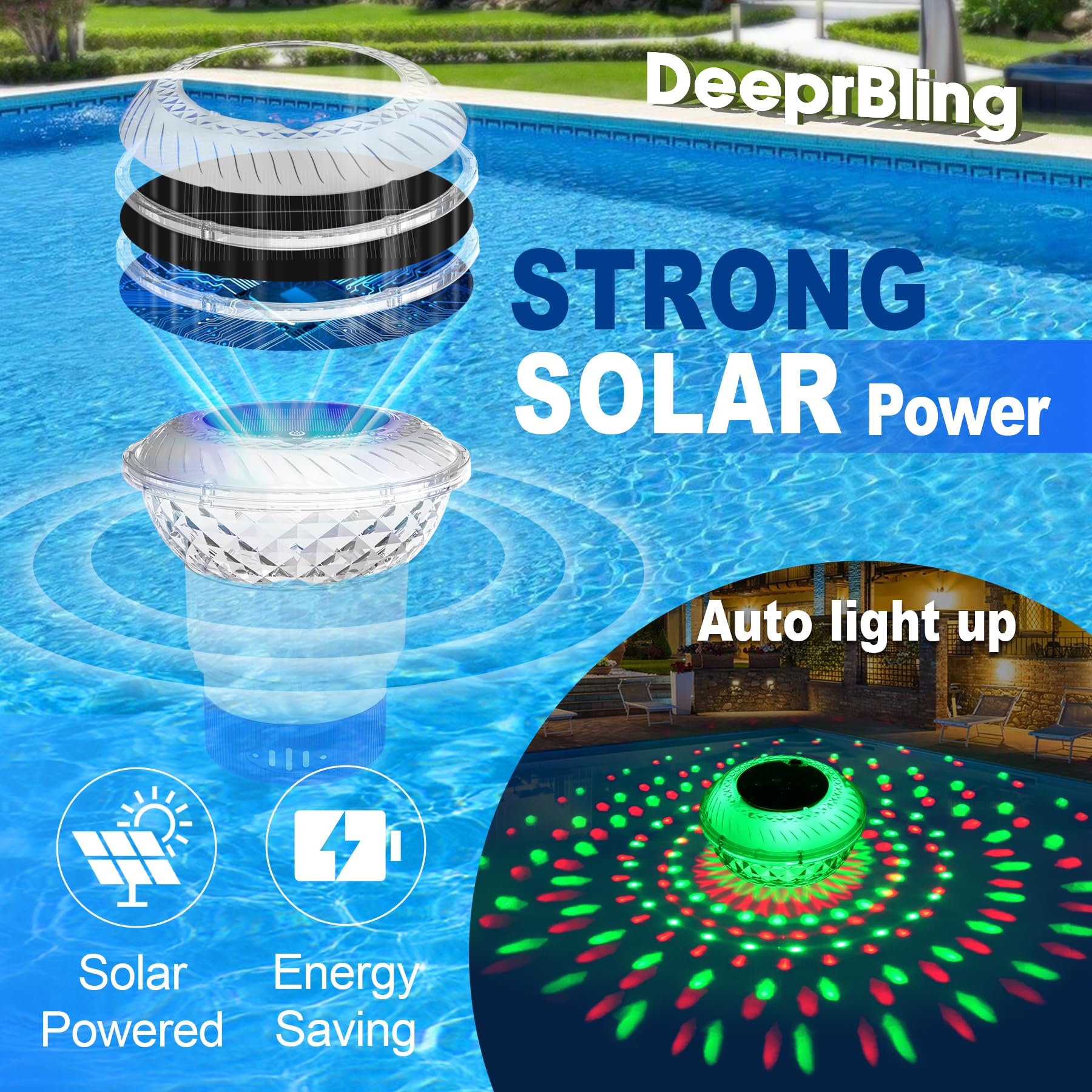 DeeprBling Diffuseur Chlore Piscine avec Solaire Lumière Marquise, Flotteur Chlore Piscine avec Bouton, Diffuseur Piscine Chlore Flottant à LED Changeant Couleur, Distributeur Chlore Flottant Piscine