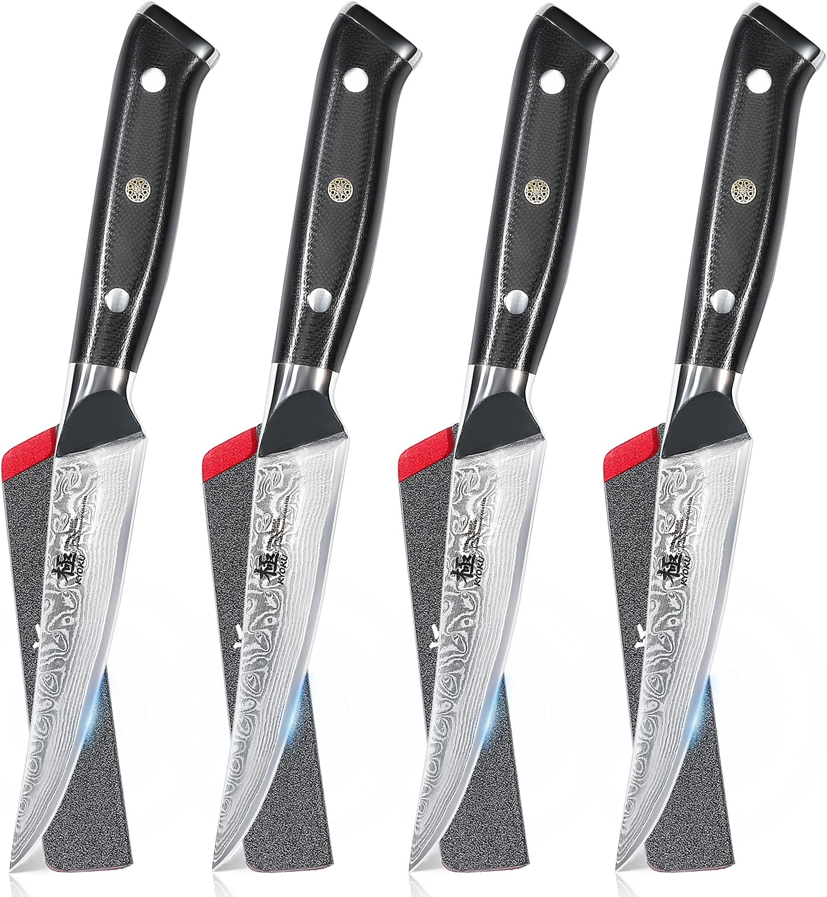 Damascus Non-Serrated Steak Knives Set of 4 - Shogun Series - Japanese VG10 Steel - with Sheath & Case