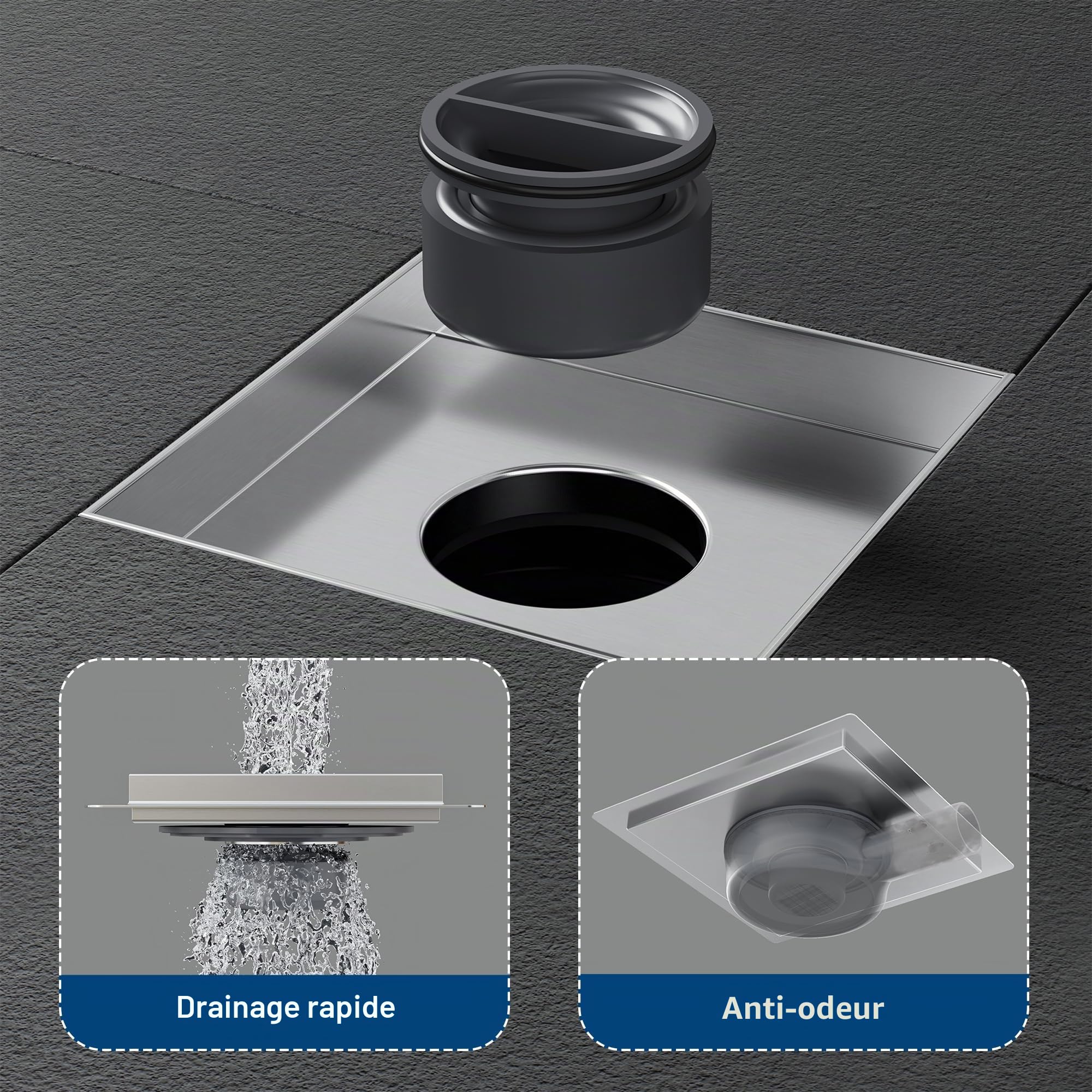 Neodrain Caniveau de Douche en Acier Inoxydable 360° Siphon, Odeur et Filtre de Cheveux pour Salle de Bain, Extérieur, 15 x 15 cm