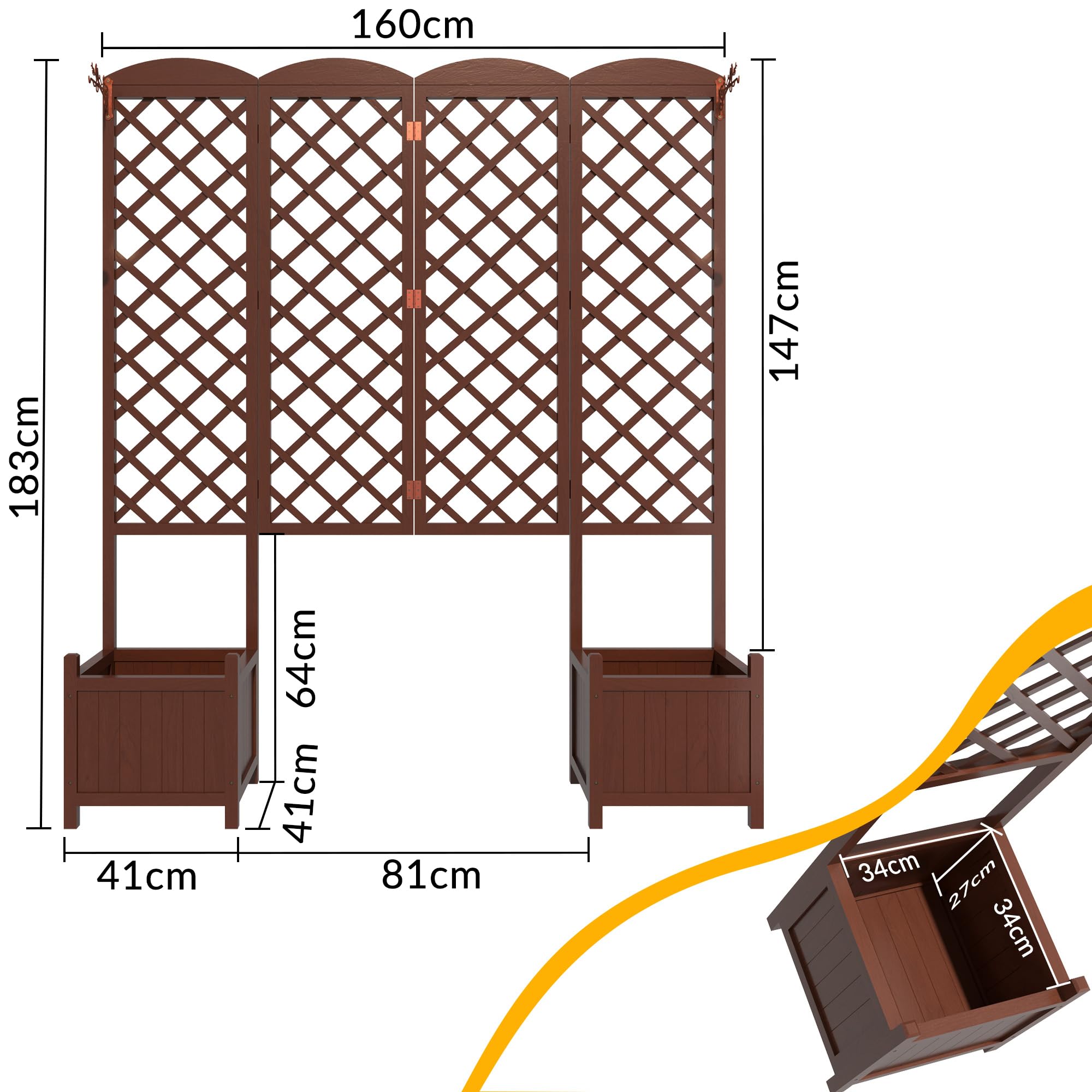 Cassetta da Giardino con Griglia Rampicante, Aiuola Rialzata Impermeabile in Legno di Abete 160x40,6x183cm, Schermo Privacy con Drenaggio per Piante Rampicanti, Frutta, Verdura(Confezione da 2 pezzi)