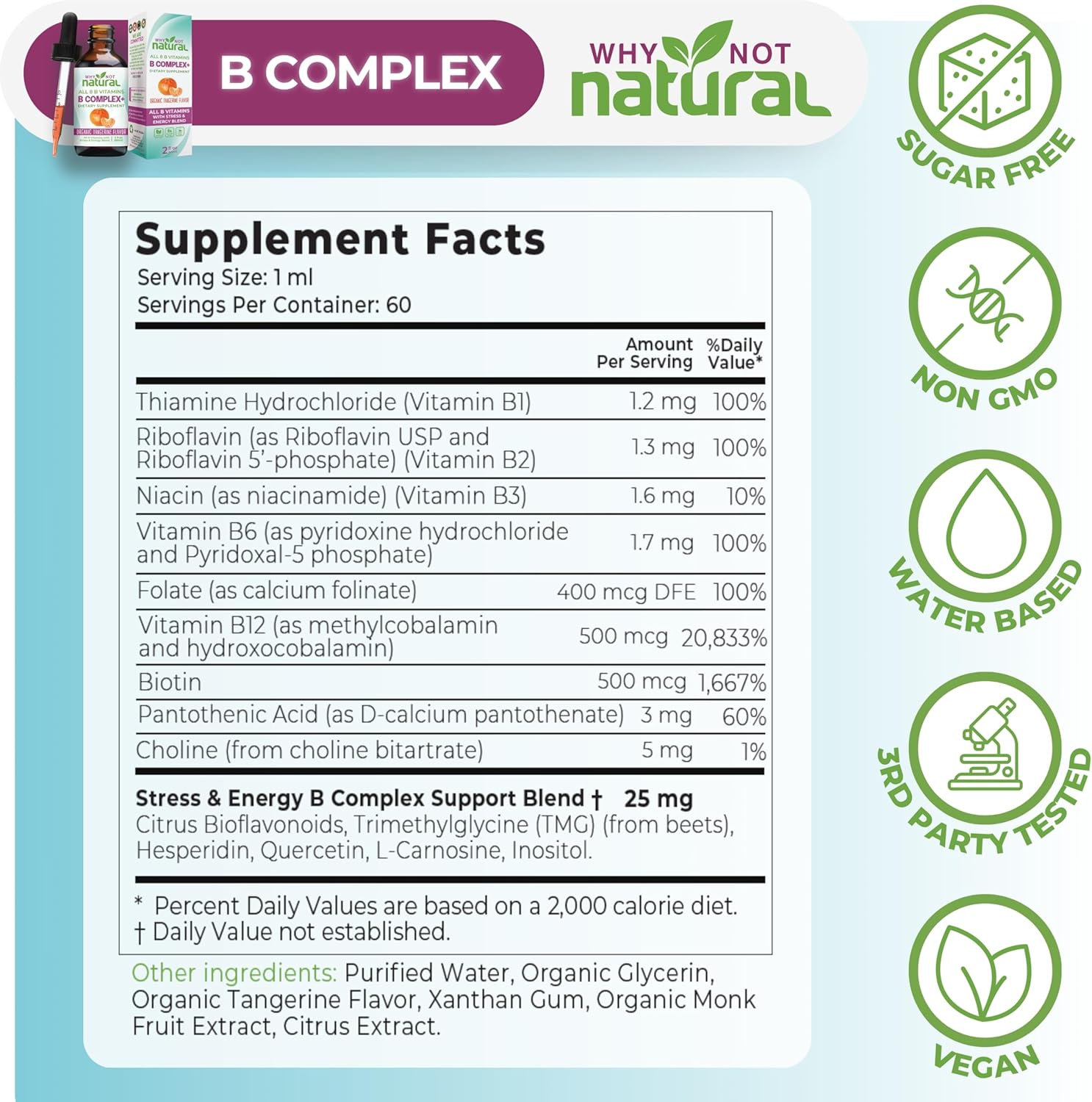 Why Not Natural Vitamin B Complex Liquid Drops - Supplement for Women - Vegan and Sublingual Forms of B1 B2 B3 B5 B6 Biotin Folate and Choline - Plus Blend for Energy Support - Image 4