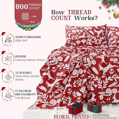 Miniatura 2 de YIYEA Sábanas 100% de algodón para cama tamaño Queen, sábanas de Navidad de lujo de 800 hilos, bolsillo profundo de 16 pulgadas, tejido satinado,