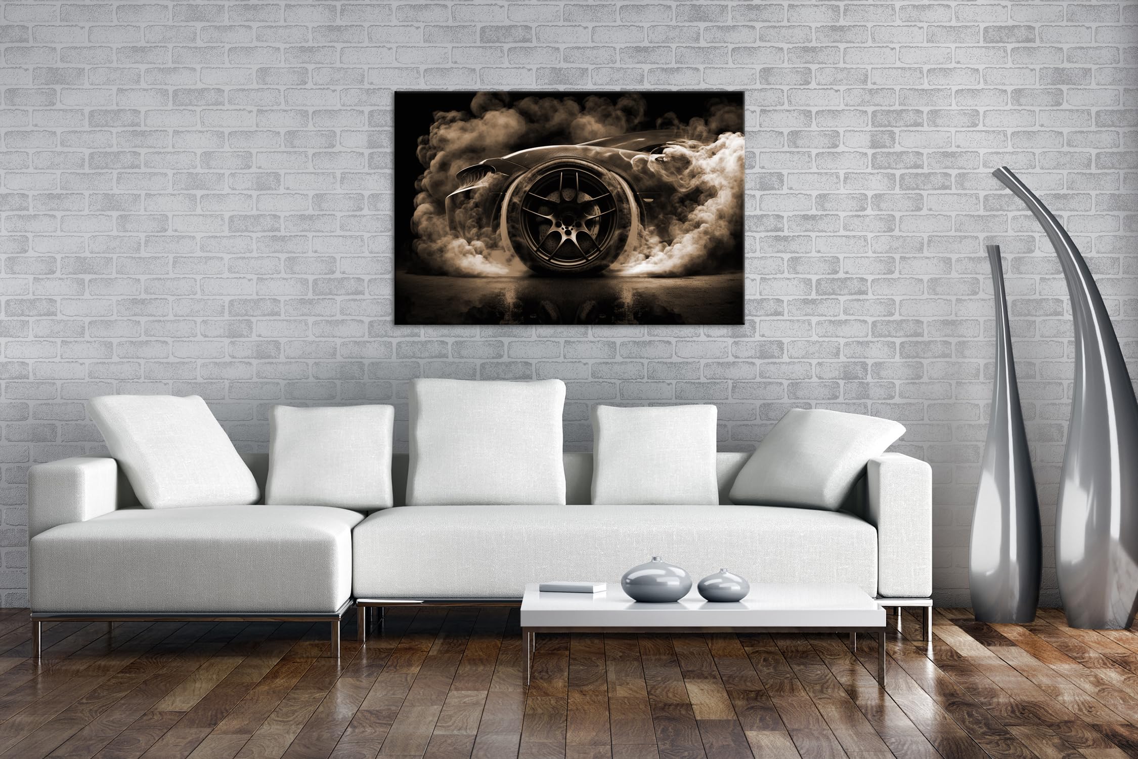 Leinwandbild Nächtliches Driften: Rauchende Reifen und glühende Bremse Format: 100x70 cm Effekt: Sepia XXL Kunstdruck Bild auf Keilrahmen/Wandbild/Wohnzimmer Deko
