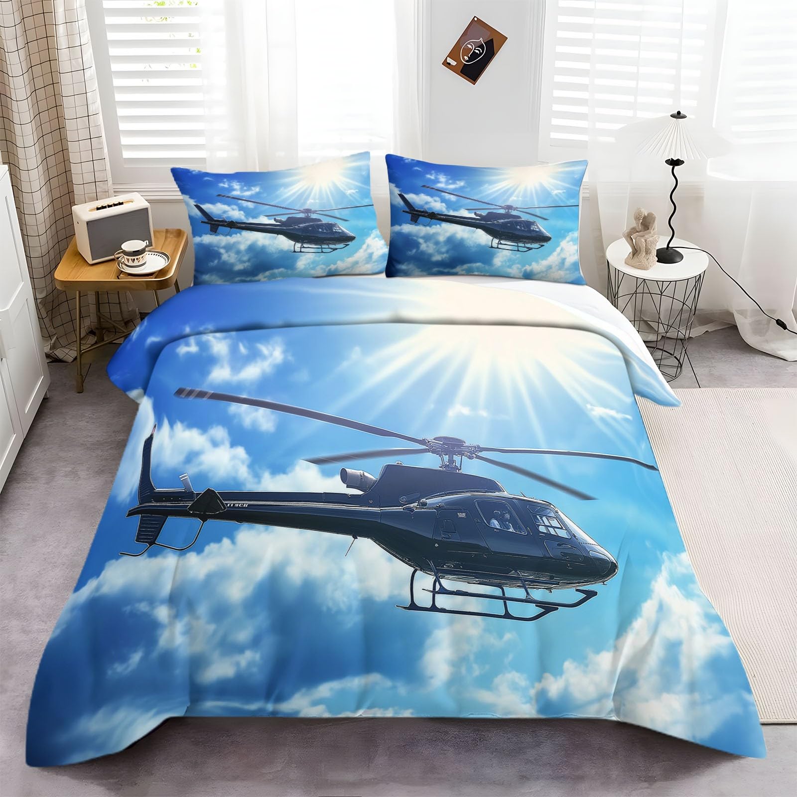 Zestaw poszewek na kołdrę w rozmiarze king size, 221 x 229 cm, helikoptery żeglarskie, mikrofibra, hipoalergiczna pościel z poszewką na poduszkę, fotografia surrealizmu, 3-częściowy