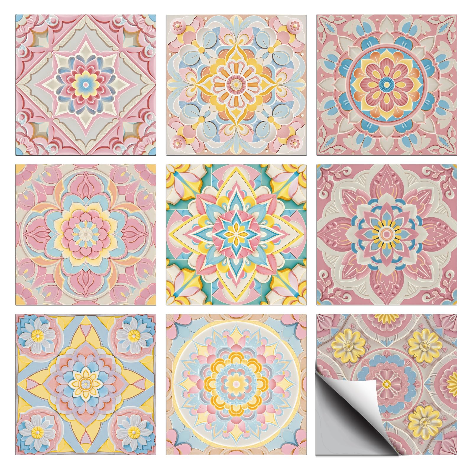CHGCRAFT 36 Pcs 9 Styles 3D Pink Geometric Pattern Tile Stickers Peel and Stick Waterproof Self Adhesive Wall Decals, for Kitchen Bathroom Wall Art Decor 4x4 Inch