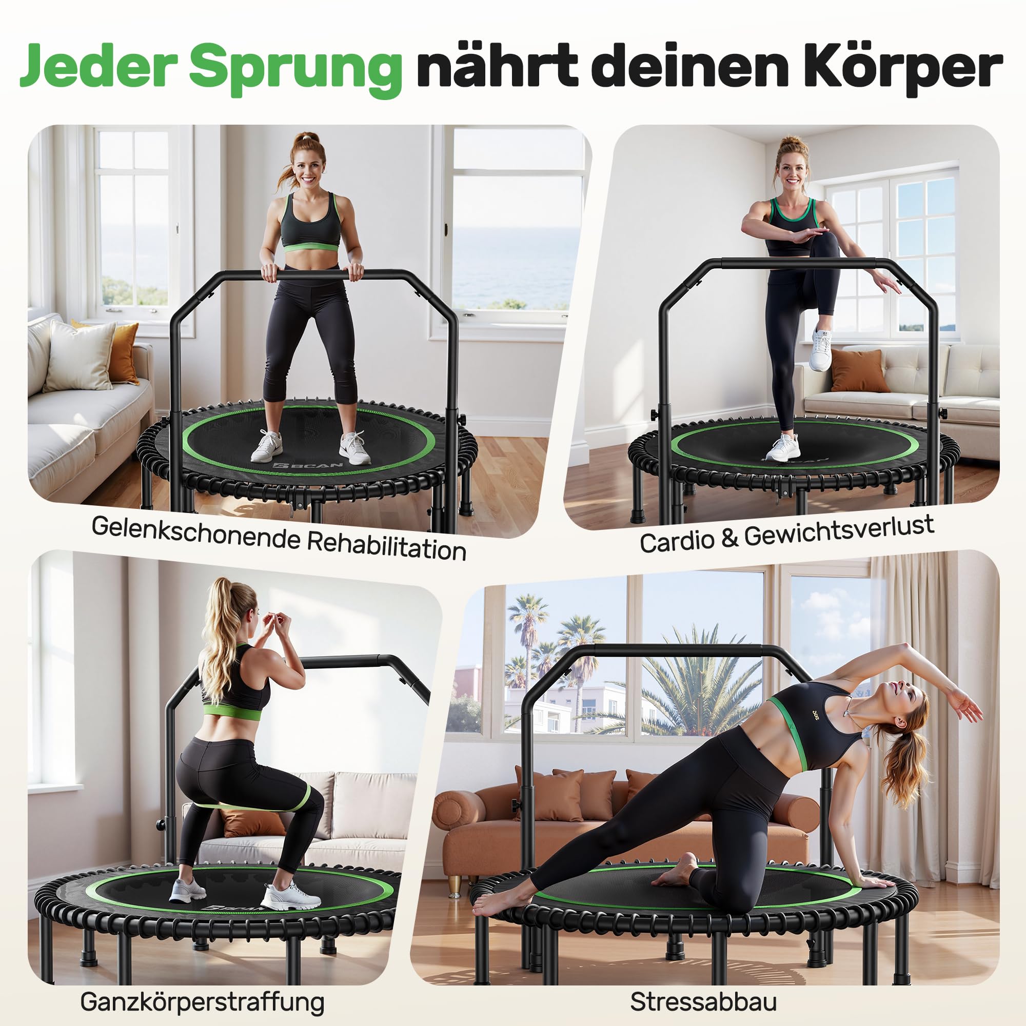 BCAN Rebounder-Trampolin für Erwachsene,102/122cm,204/250kg Belastbarkeit,mit Bungee-Seilen,verstellbarem Griff,stabil,leise,für drinnen und draußen,Ganzkörpertraining,Entspannung zu Hause