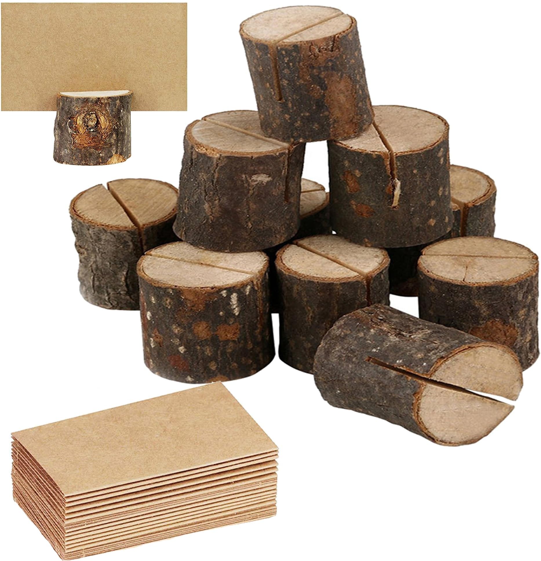 YUEMING 10Pcs Place Card Holders, Rustic Wood Table Card Holder, Number Stand with 10 Kraft Paper Wooden Menu Holder Place Name Memo Card Holder for Wedding Decorations and Party