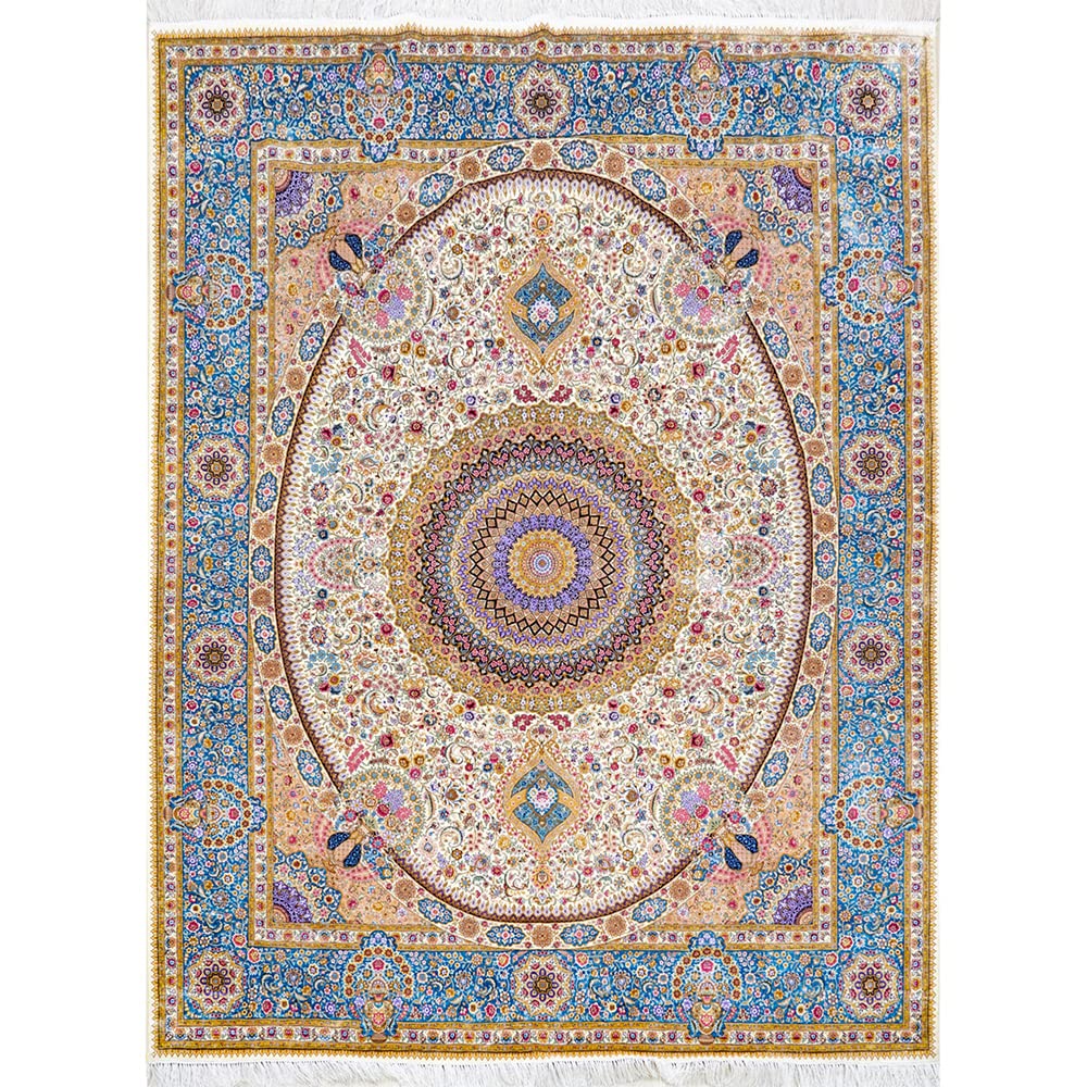 Yuchen Carpet 8x10 Blue Hand Woven Medallion Traditional Vintage Oriental Silk Area Rug for Living Room