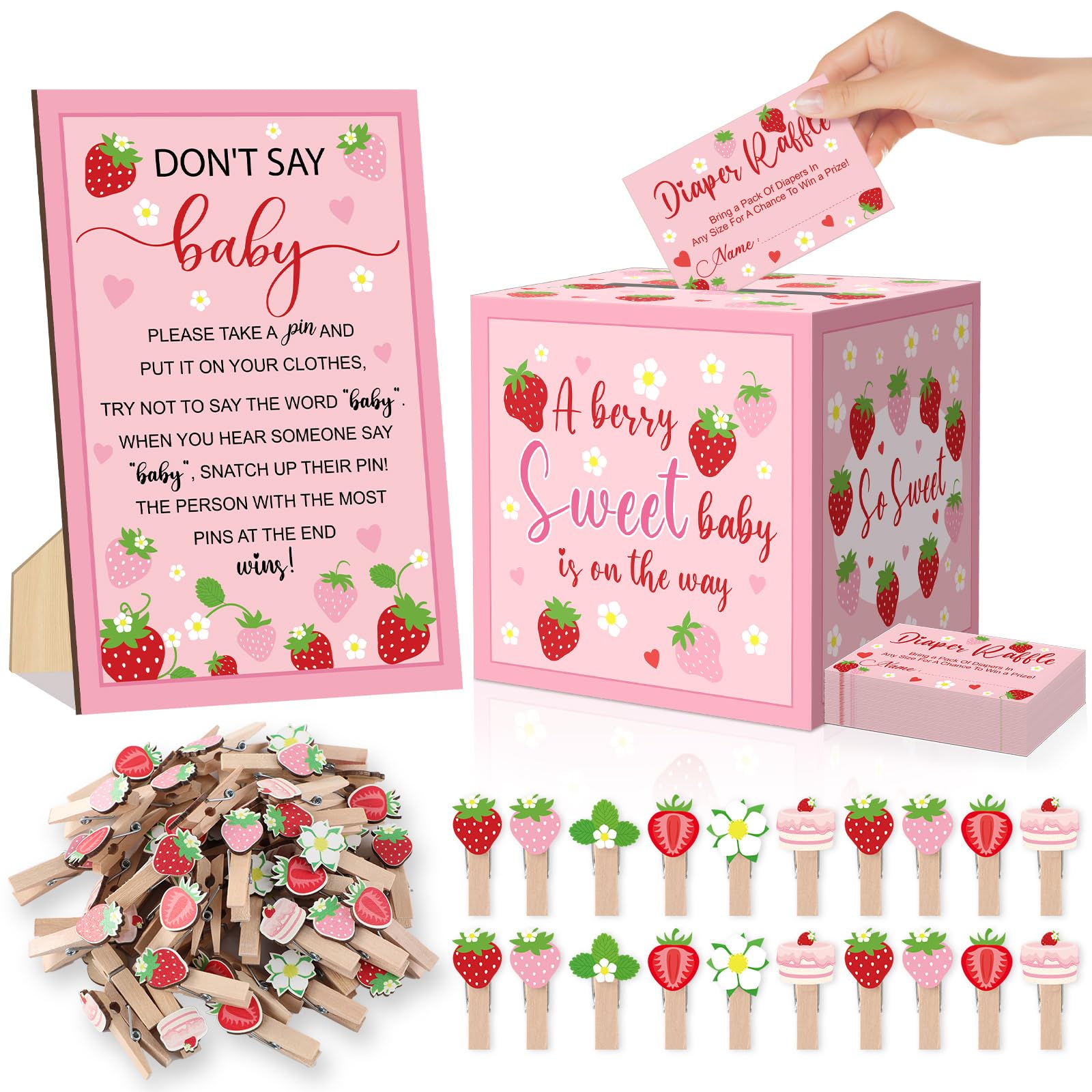Photo 1 of 102Pcs Strawberry Diaper Raffle Tickets with Card Box Pink Strawberry Baby Shower Game Decorations Don't Say Baby Sign Mini Clothespin for Pink berry Gender Reveal Party Decor Supplies