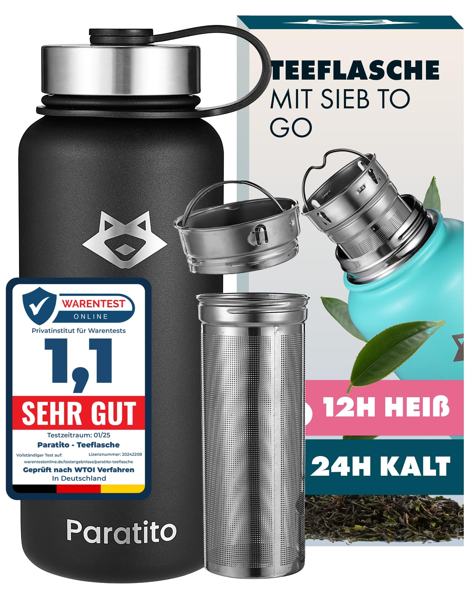 Teeflasche mit Sieb 1L – Auslaufsichere, spülmaschinenfeste Edelstahl Trinkflasche 1l (Isolierflasche) mit Teesieb für losen Tee to Go; Thermosflasche 1l für Kaffee, Camping -Schwarz