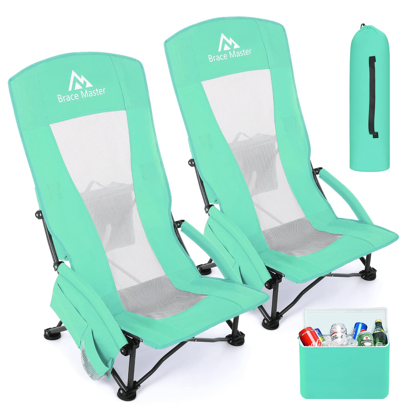 Brace Master Sedia da Spiaggia Campeggio Pieghevole, Schienale Alto Sedia Pieghevole con Portabicchieri, Dispositivo di Raffreddamento E borsa per Telefono per Giardino Campeggio Spiaggina