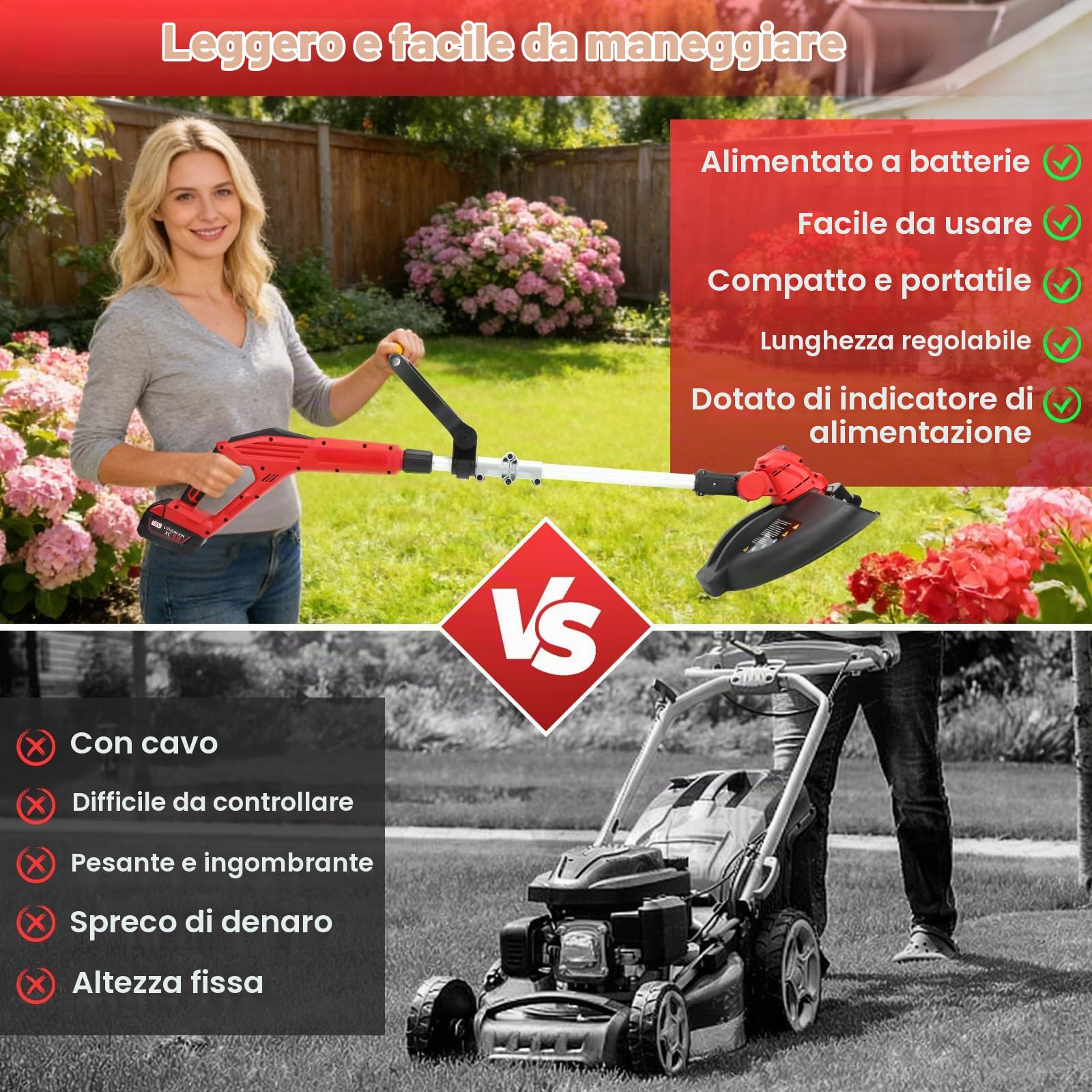 Tagliaerba a batteria compatibile con batteria Milwaukee da 18 V, tagliaerba elettrico 5 in 1, senza spazzole, angolo di taglio pieghevole a 180°, angolo di taglio a 90°, per tagliare prato, giardino