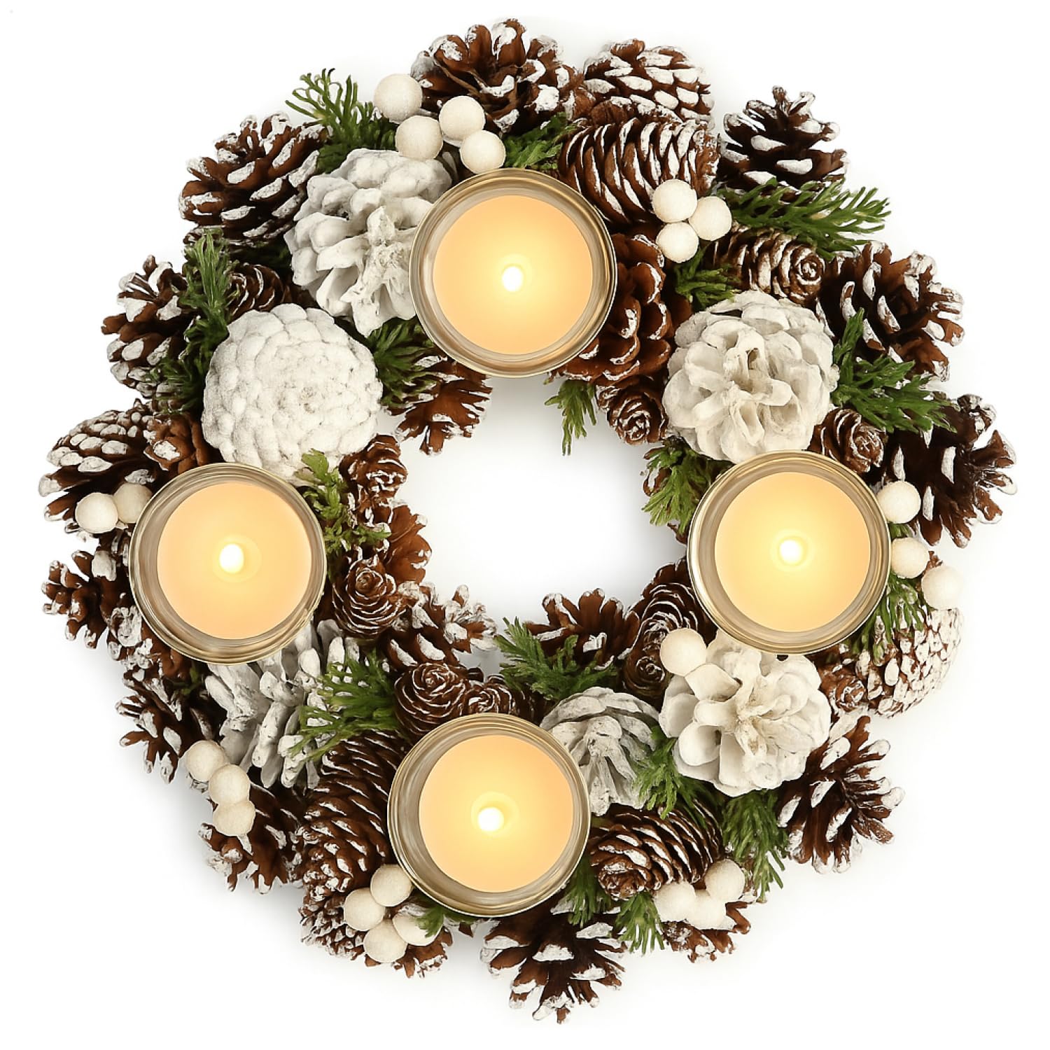 Com-Four White Com-Four® Table Wreath For Christmas - Advent Wreath With Cones - Decorative Wreath With 4 Tealight Holders - Christmas Wreath With Candle Holder (Advent Wreath L)