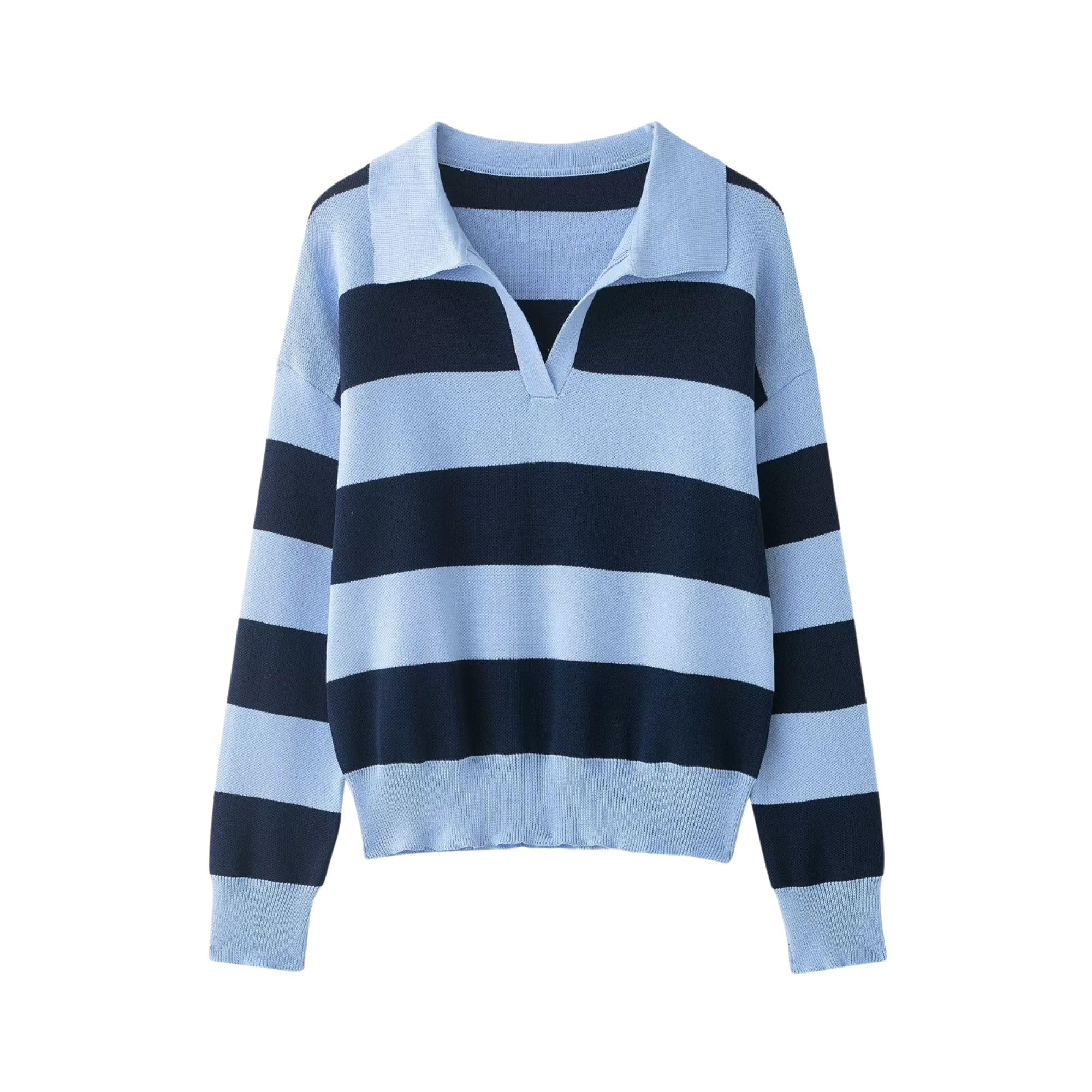 Chevara Womens Striped Polo Sweater V Neck Colorblock Knit Pullover Y2K Casual Loose Fit Rugby Sweatshirt
