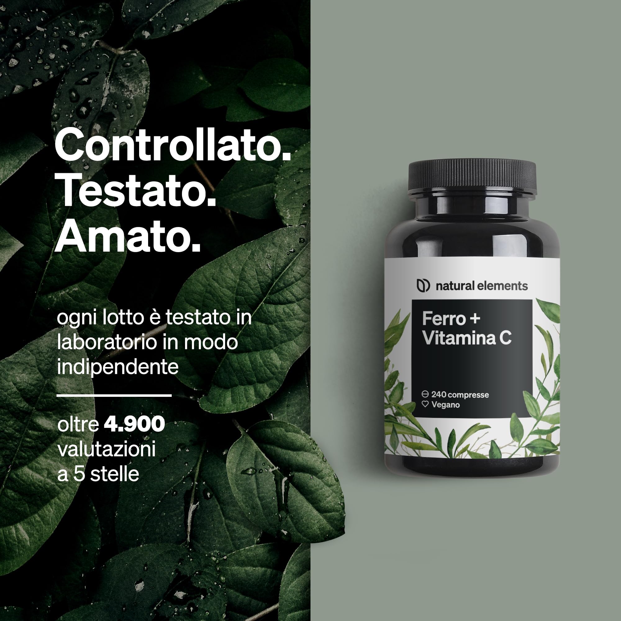 natural elements Integratore Ferro con 40mg Vitamina C (da bisglicinato ferroso) – 240 compresse vegane – vitamina C naturale da acerola – complesso chelato ben tollerato – ad alto dosaggio