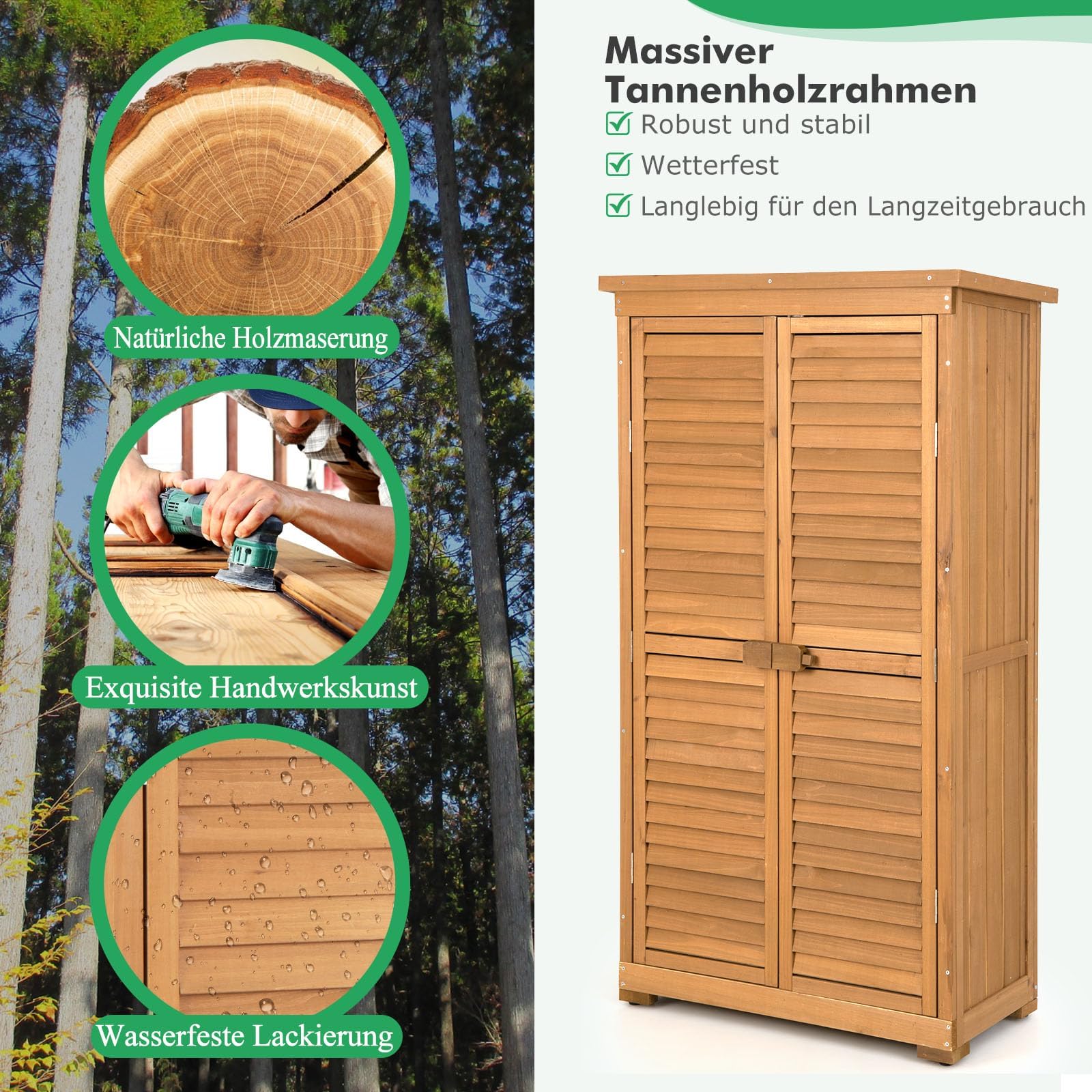 RELAX4LIFE Gartenhaus, Geräteschuppen Holz, Gerätehaus Wetterfest, Gartenschrank mit 3 Ausnehmbaren Regalen & Holzriegel, Holzschuppen mit Asphalt Satteldach, 87 x 47 x 160 cm