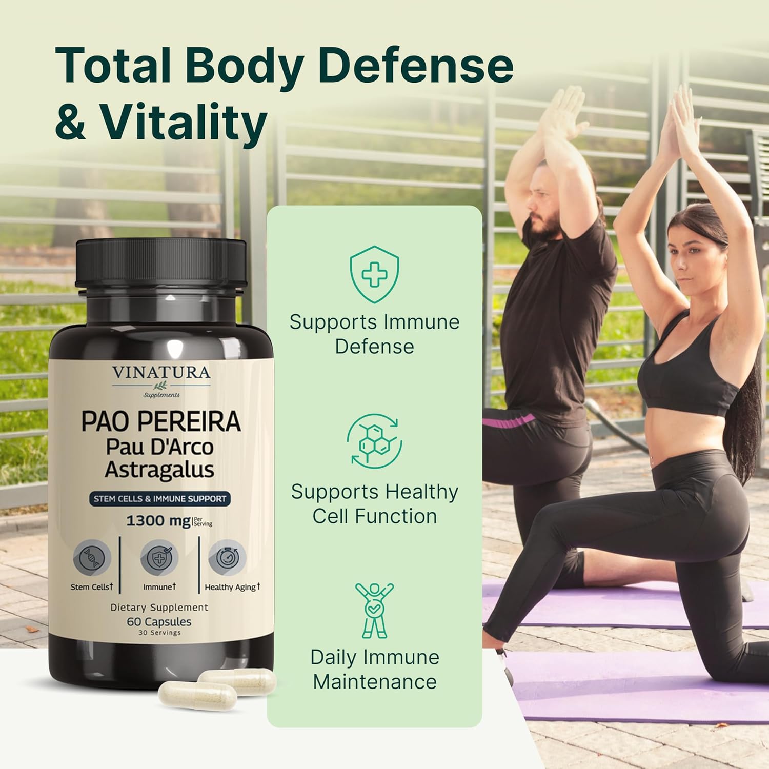 VINATURA Pao Pereira + PAU D'Arco, Astragalus - 1300MG Serving, USA Made & Tested, Stem Cells and Immune Support, 60 Capsules - Image 3