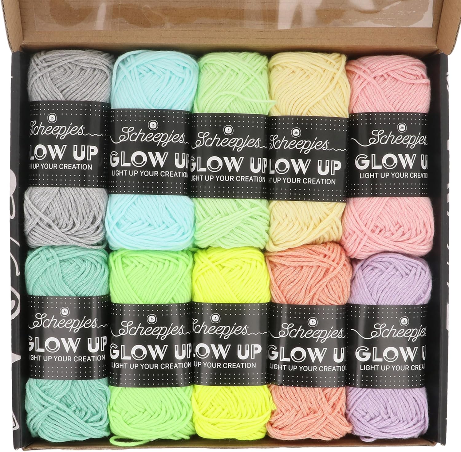 Scheepjes Glow Up Color Pack, 10 x 25 g skeins, Assorted Pink, Yellow, Green