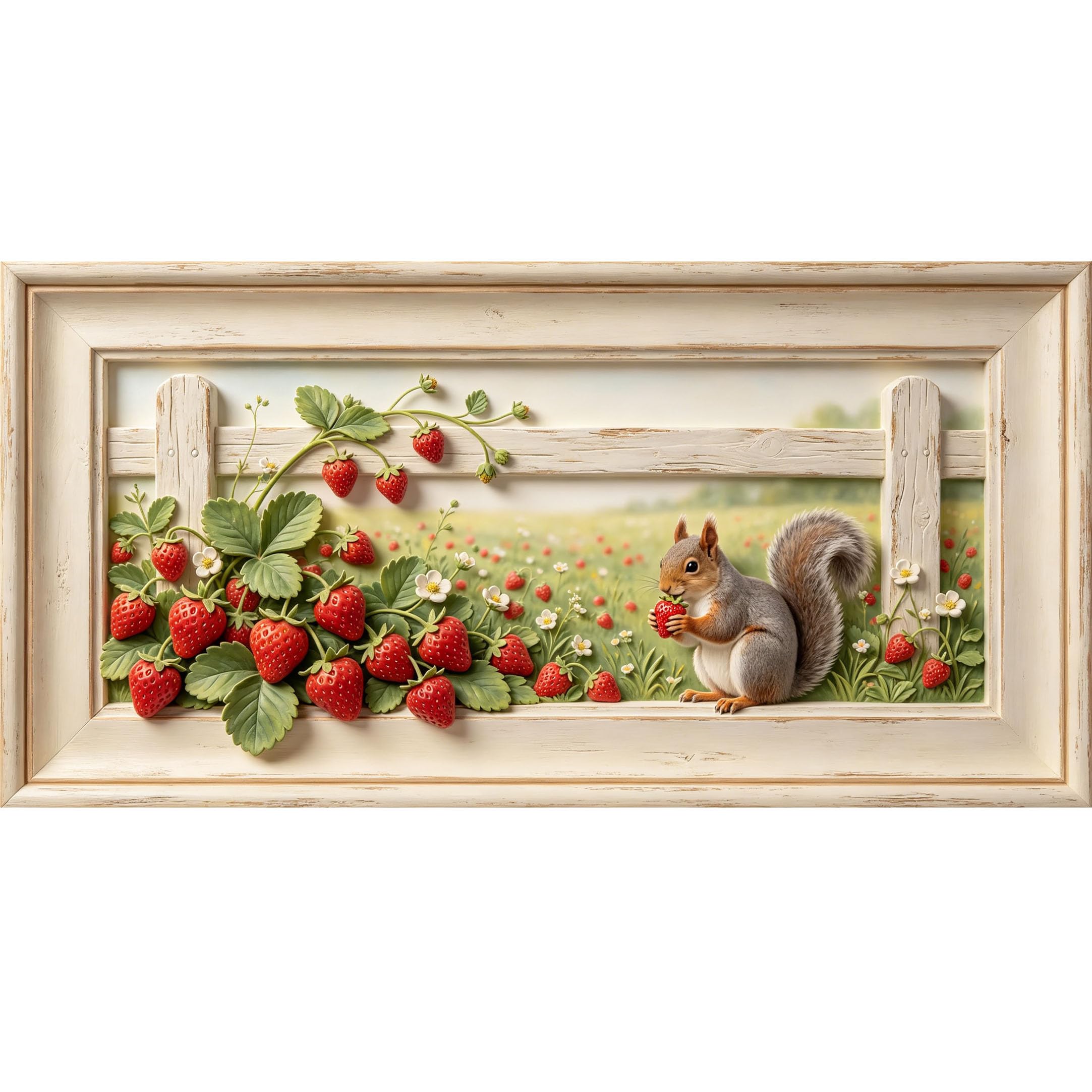 Agglomerix 3D Framed Wall Art Farmhouse Strawberry Squirrel Floral Fence Botanical Relief Large Size Self-Adhesive Removable Wall Decor Prints Artwork for Living Room Bedroom Office