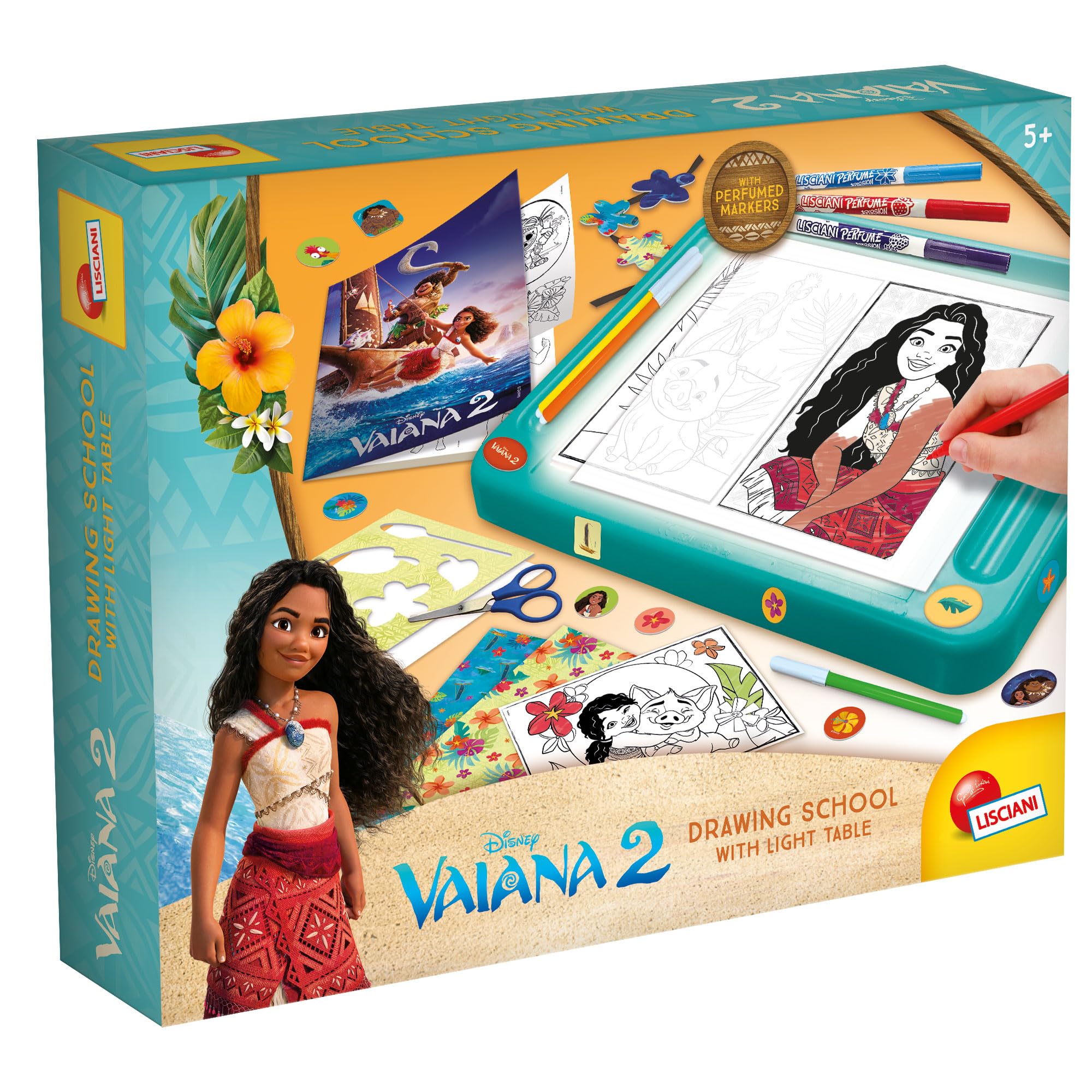 Lisciani - Vaiana Drawing School for Kids Aged 5+ - Light Table for Tracing - Educational Art Set with Scented Markers, Stencils, Stickers, Folder & Scissors - Creative Drawing Tools
