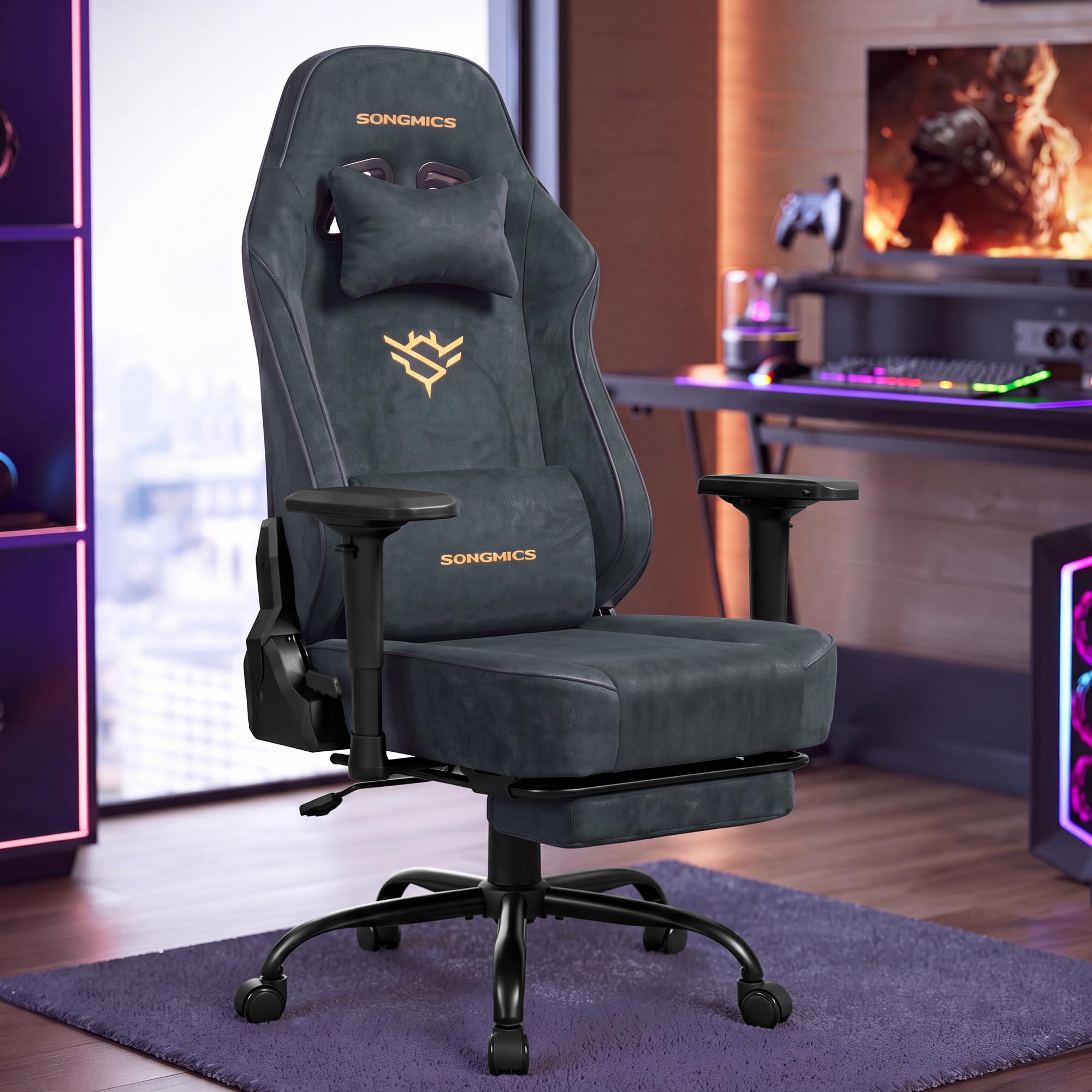 SONGMICS Gaming Chair, Suede Fabric Ergonomic Office Chair with Footrest