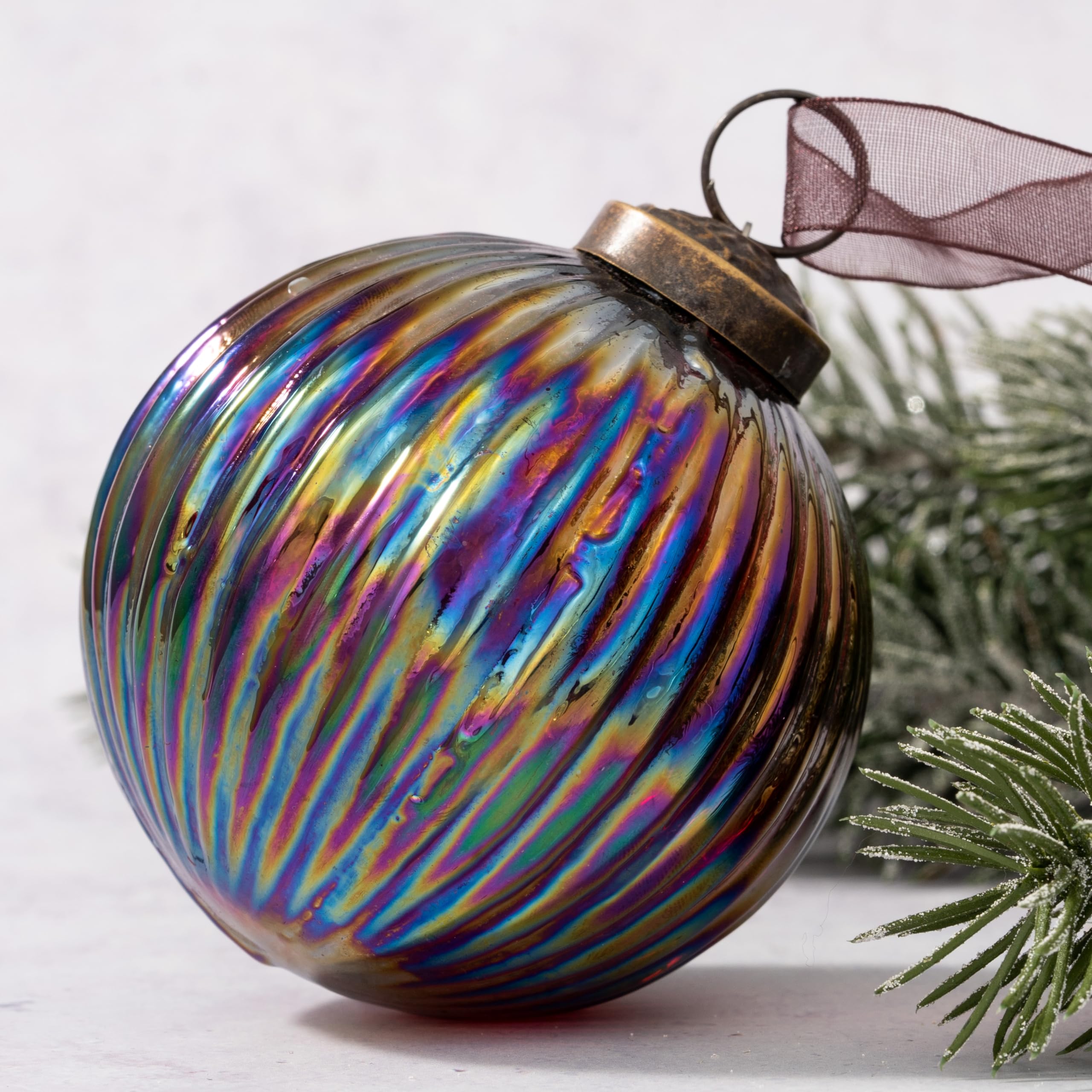 Arthur Cameron Rainbow Rib Glass Christmas Bauble | Hanging Xmas Tree Decoration Ornament (4", Wine)