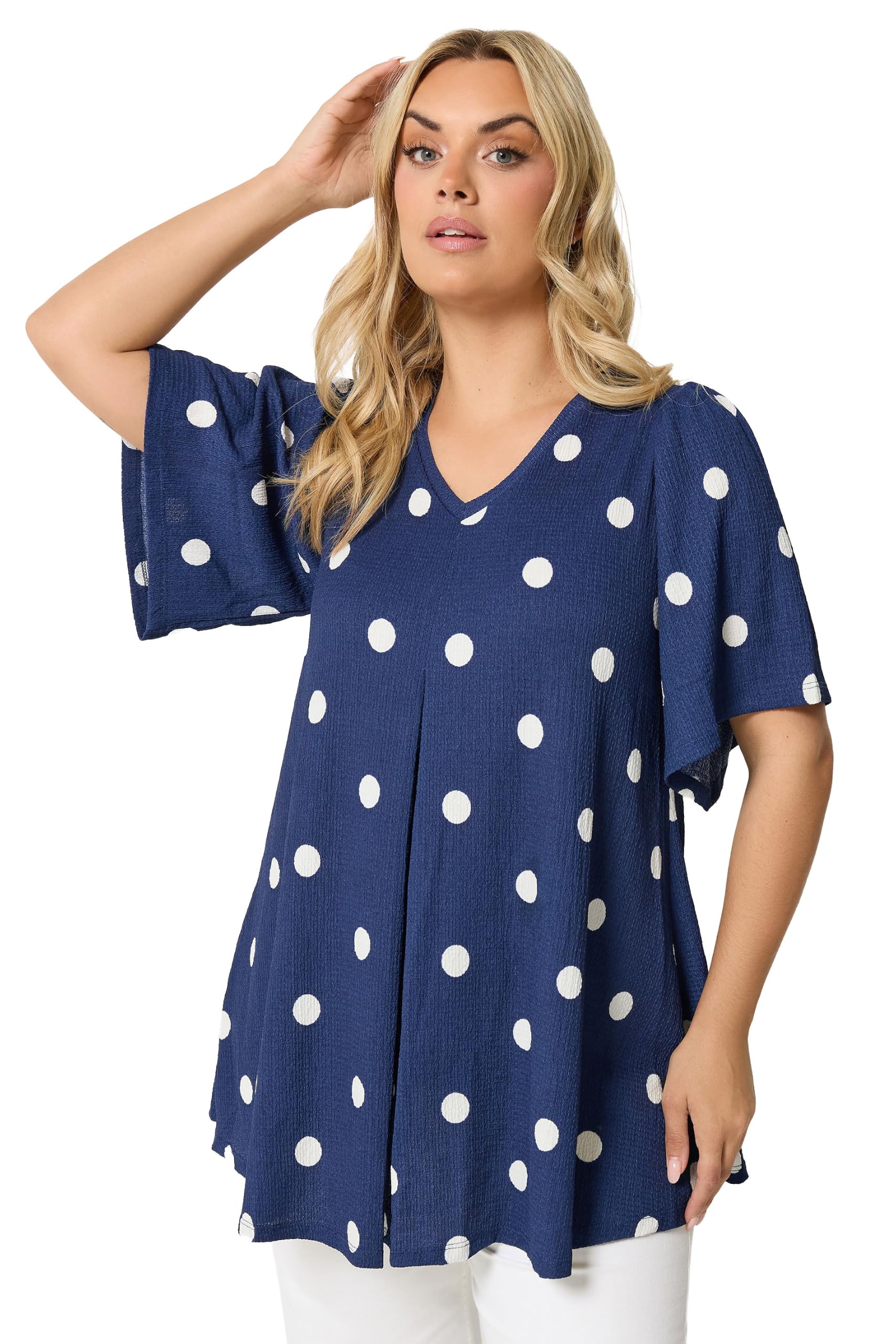 Yours Women's Dark Blue Polka Dot Pleat Front Top In Size 20
