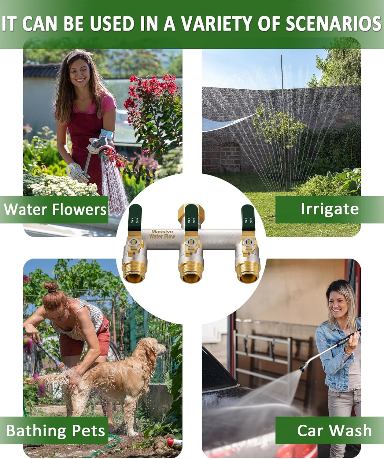 Garden Hose Splitter 3 Way Heavy Duty Brass Nickel Plated Hose Splitter with Large Handle, Full Flow Water Hose Spigot Splitter with Shutoff Valve, T Adapter Connector, 3/4 - Inch GHT Thread（Green）