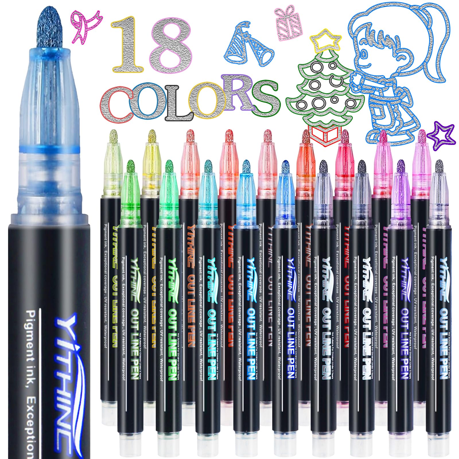 Outline Shimmer Markers, Christmas Stocking Stuffers for Tween Teen Girls Gifts Trendy Stuff, 18 Glitter Metallic Gel Pens Coloring, Arts Crafts Supplies Kits for Kids Boys Ages 4, 6, 8, 10, 12