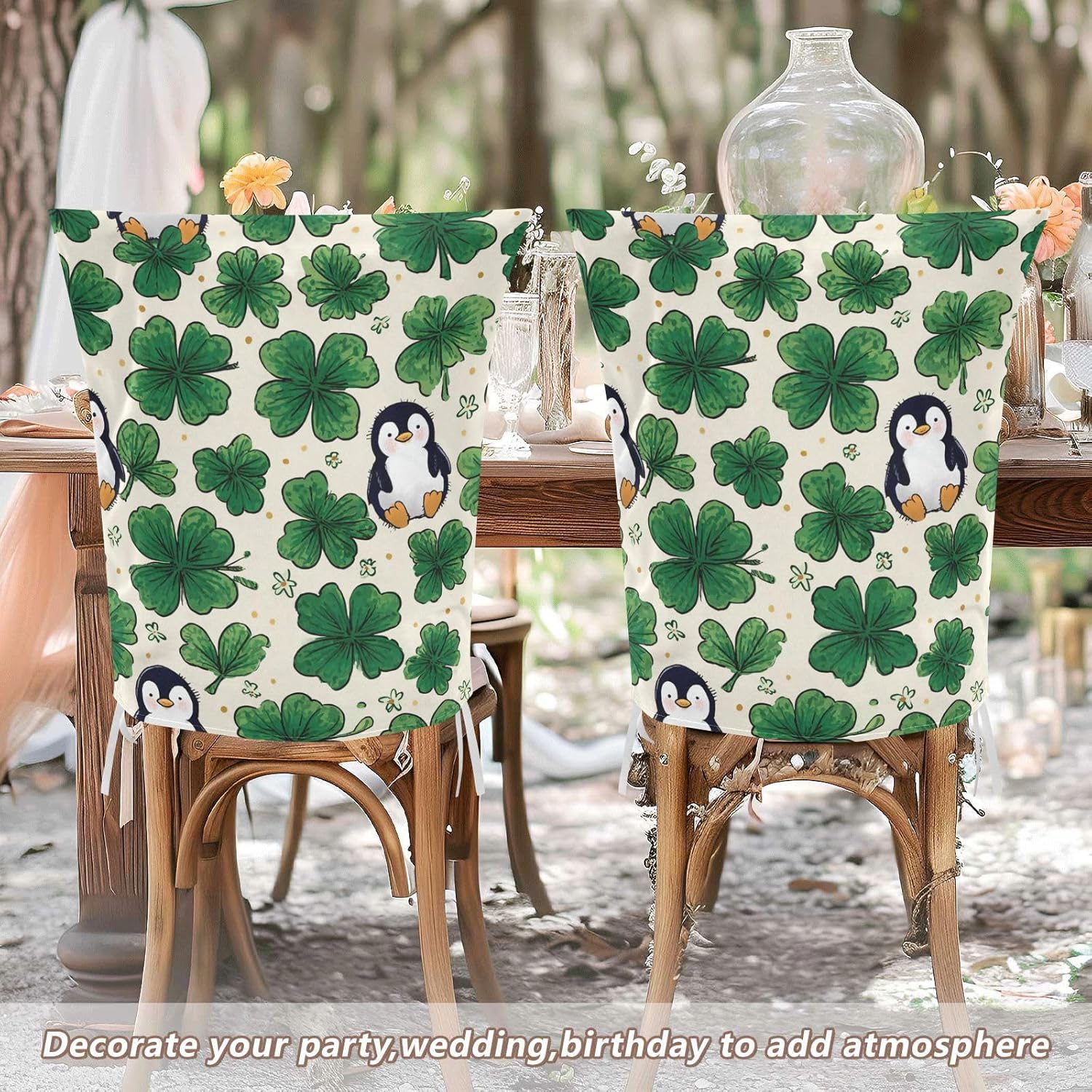 ALAZA Shamrocks Penguins Chair Back Cover Set of 6, Washable Reusable Removable Chair Slipcovers Decorative Chair Cover for Home Kitchen Wedding Party