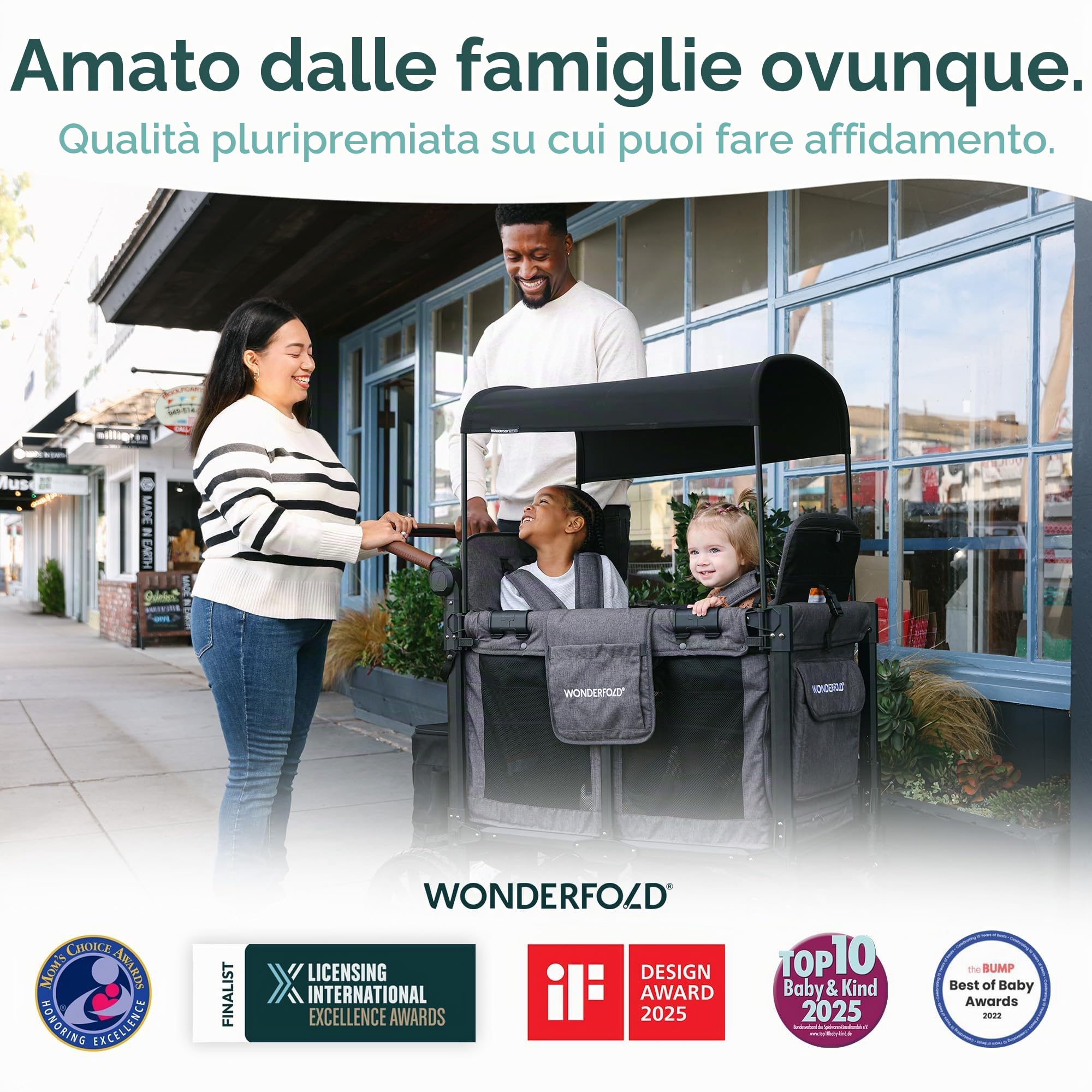 WONDERFOLD W2 Luxe Pro Passeggino (2 posti) – Passeggino pieghevole con sedili con cinture di sicurezza a 5 punti e tettuccio parasole regolabile, nero corvino