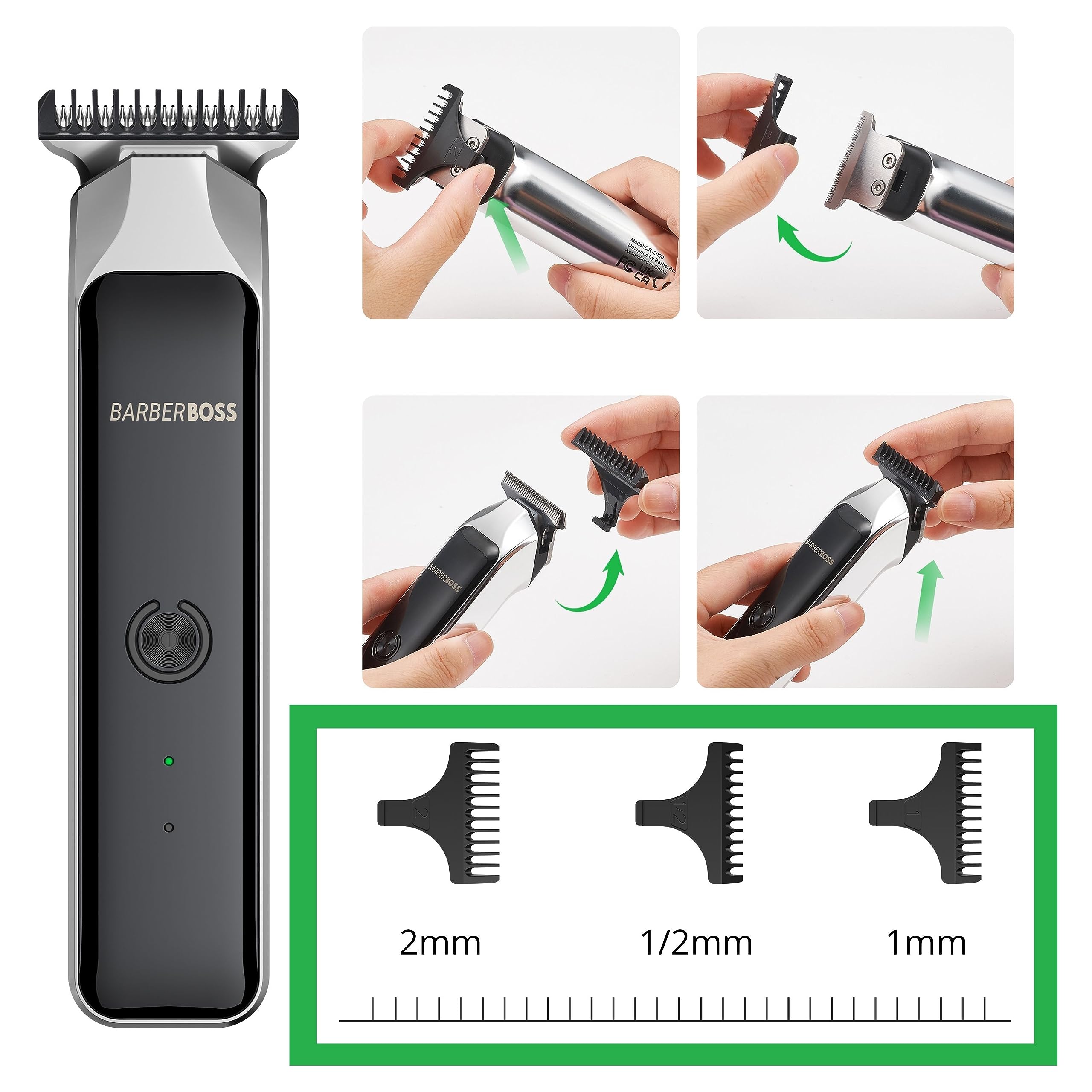BarberBoss - Cortapelos y cortabarbas portátil, cortapelos facial profesional para hombre, recargable por USB, luz roja/verde, cuchilla de acero, QR-2090