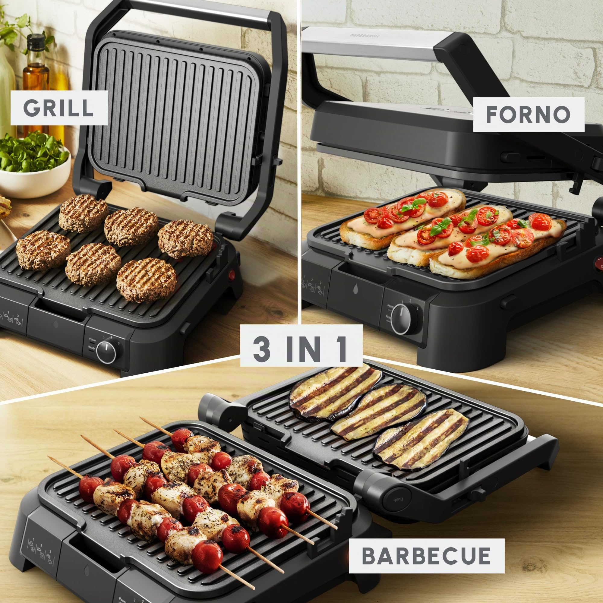 Moulinex SuperGrill 3 in 1, Modalità Griglia a Contatto, Barbecue e Modalità Forno, con Termostato Regolabile, Facile da Pulire, Design Salvaspazio, Riscaldamento Rapido, GI510D