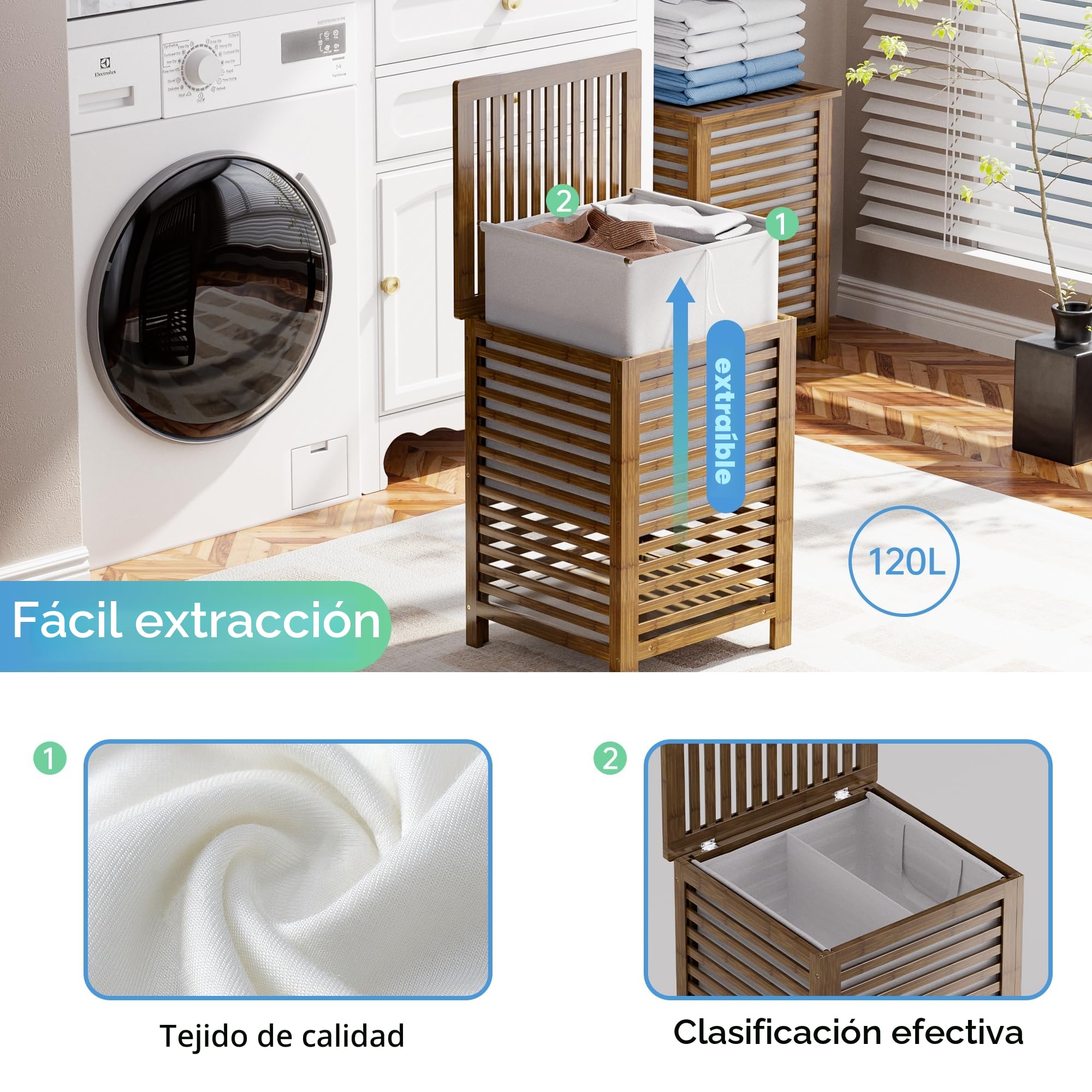 SMIBUY cesta de lavandería doble con tapa, cesta de lavandería de bambú de 120L con bolsa de revestimiento extraíble, clasificador de lavandería divisor de ropa de 2 secciones (Nuez)