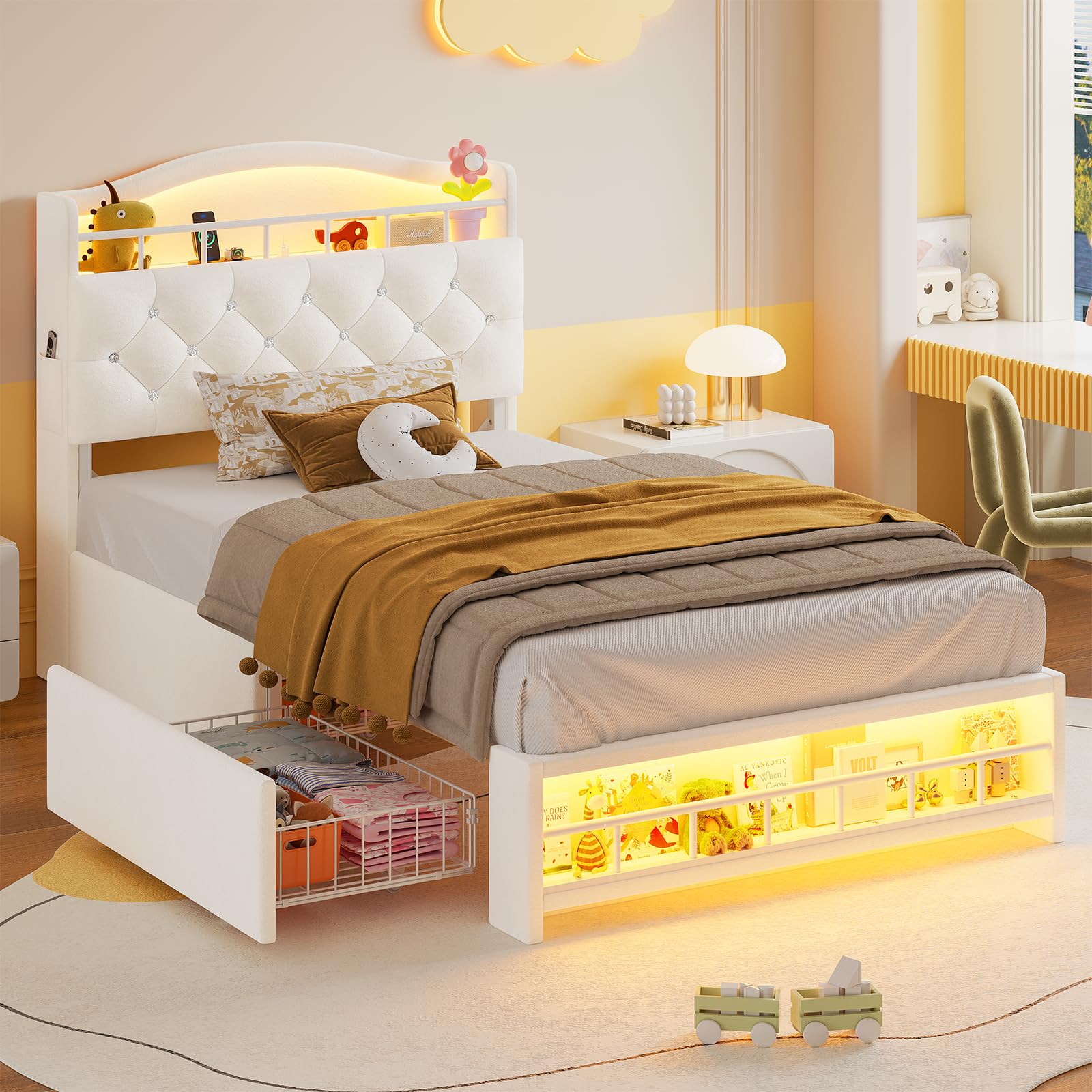 HAUOMS Twin Size Bed Frame with LED Lights & 4 Drawers, Princess Velvet Upholstered Platform Bed for Girls, Headboard with Charging Station &