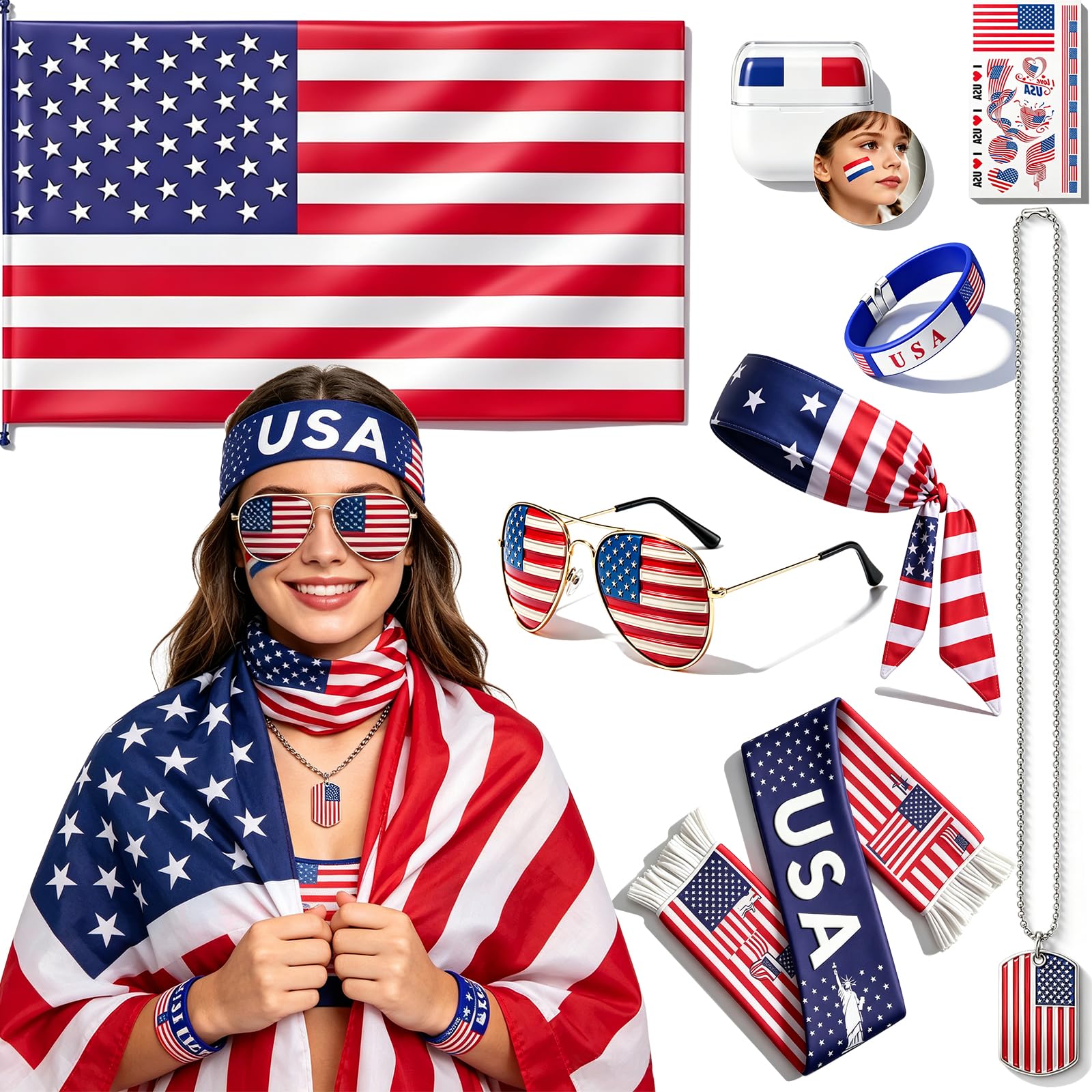 Photo 1 of 2026 World Soccer Sport Cup USA Fan Gear Kit - Patriotic Supporter Set for Game Day, Watch Parties & National Celebrations with American Flag Scarf,Headband,Wristbands,Face Paint,Necklace,Sunglasses