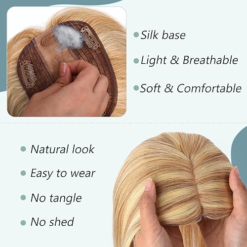 Miniatura 5 de Toppers de cabello humano real para mujer con cabello fino, base de seda, sin flequillo, clip, 10 pulgadas, #12P613 mezcla de castaño dorado y rubio