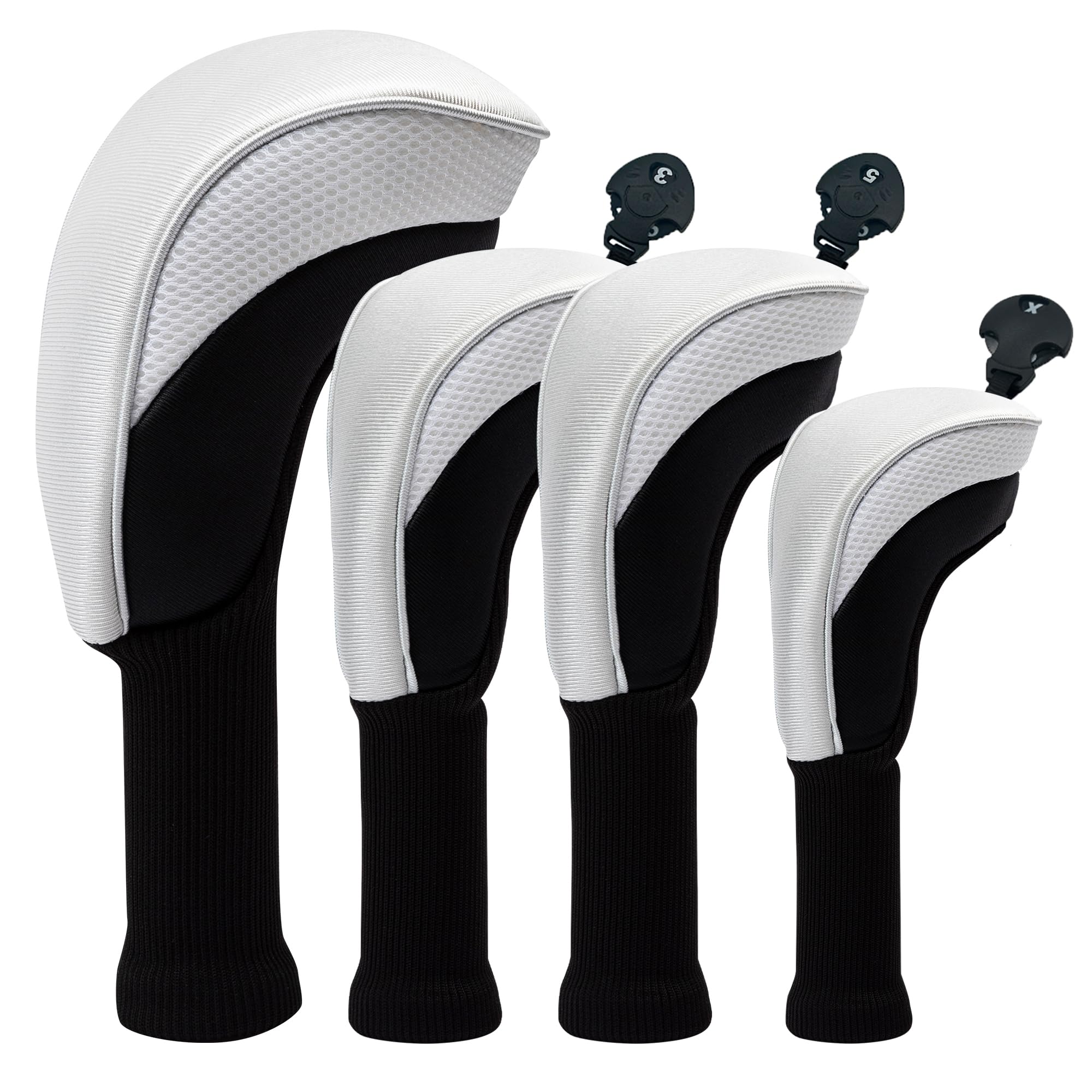 Golf Club Head Covers for Fairway Woods Driver Hybrids 4 Pieces Long Neck Mesh Sports Fan Golf Club Headcovers Set with Interchangeable No. Tags 3 4 5 6 7 X Golf Accessories for Men Women.