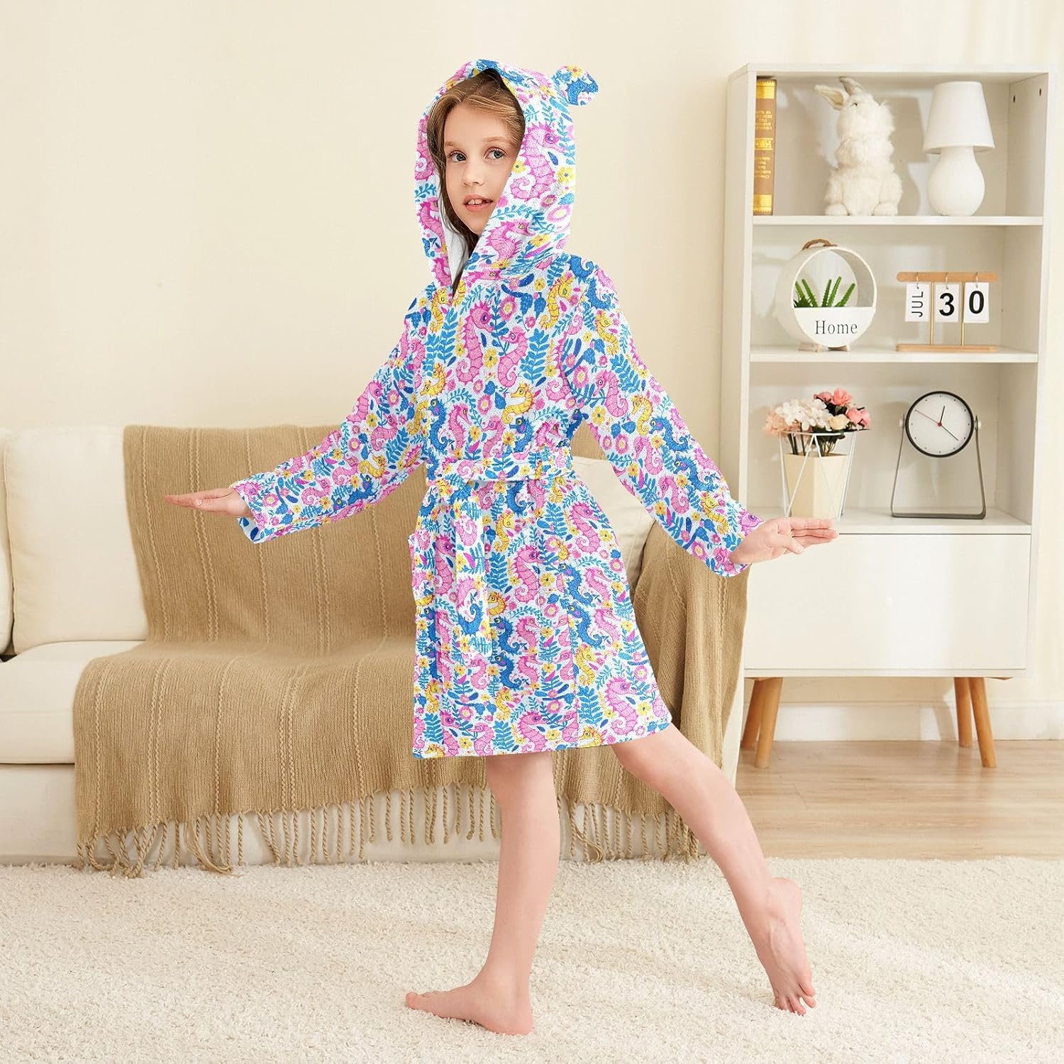 senya Pink Seahorse Toddler Hooded Bathrobe Kids Soft Plush Bath Towel Robes for Boys Girls 2-12 Years