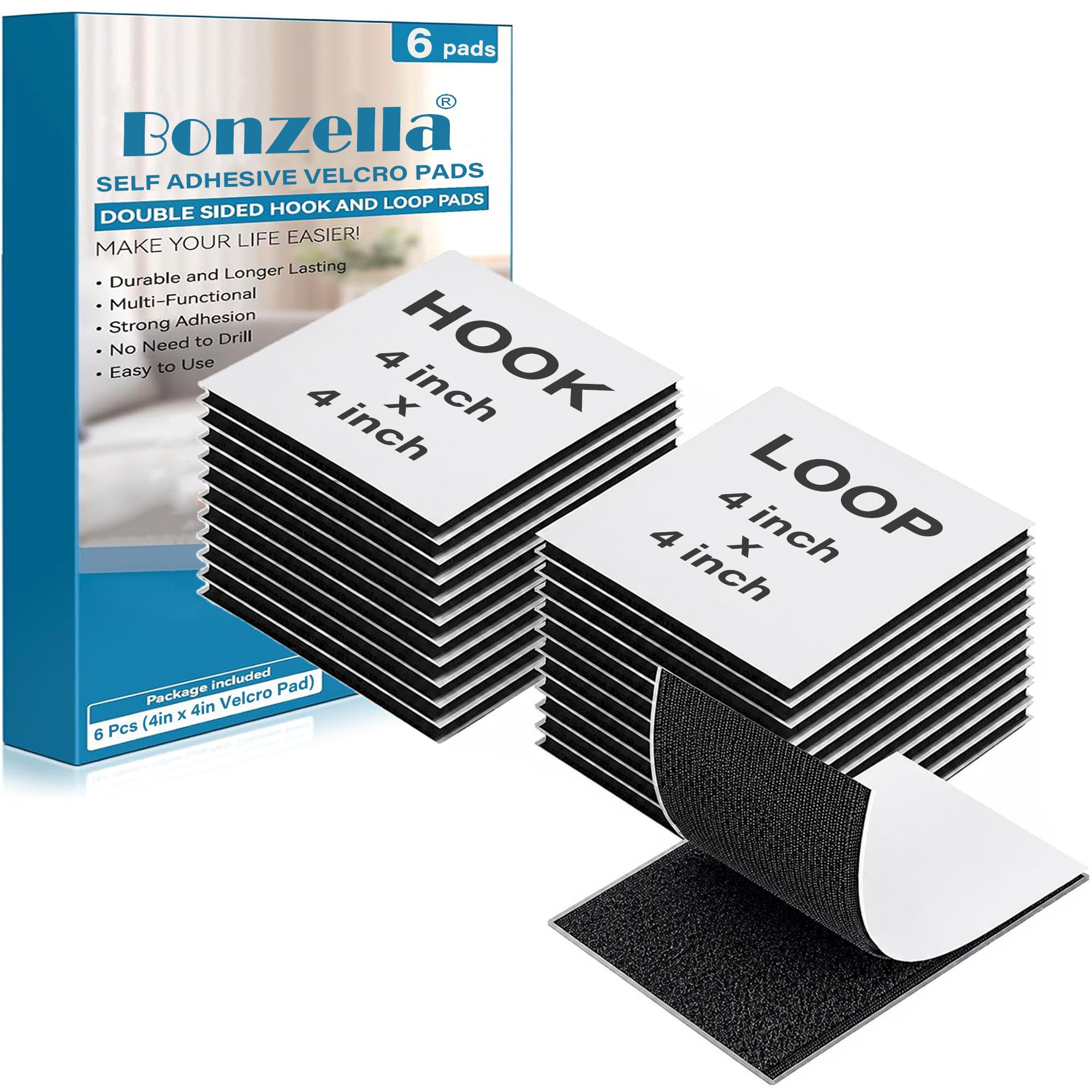 BONZELLA 6 Pcs Self Adhesive Hook and Loop Strip Tape, 4 x 4 In Industrial Strength Interlocking Hook Loop Sticker, Multipurpose Double Sided Hook & Loop Tape for Crafting & Hanging 10cm x 10cm, Black