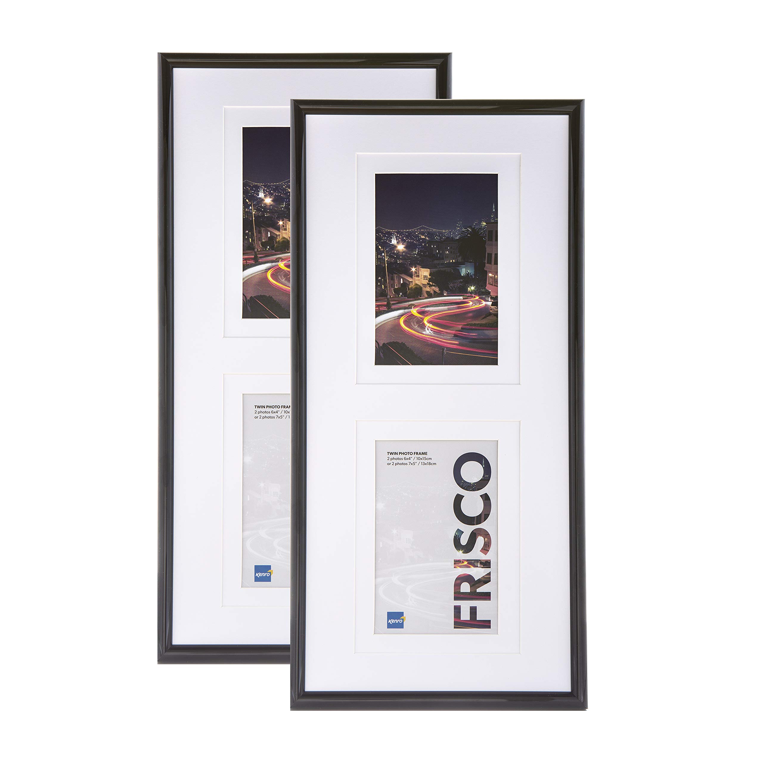 Kenro Black Frisco Double Picture Frames (Box Of 2) - Photo Frame 6X4 Inch / 10X15cm Or 7X5 Inch / 13X18cm Wall Hanging Stylish Photo Frame, White Mount Portrait With Acrylic Front - Frc1015b/2